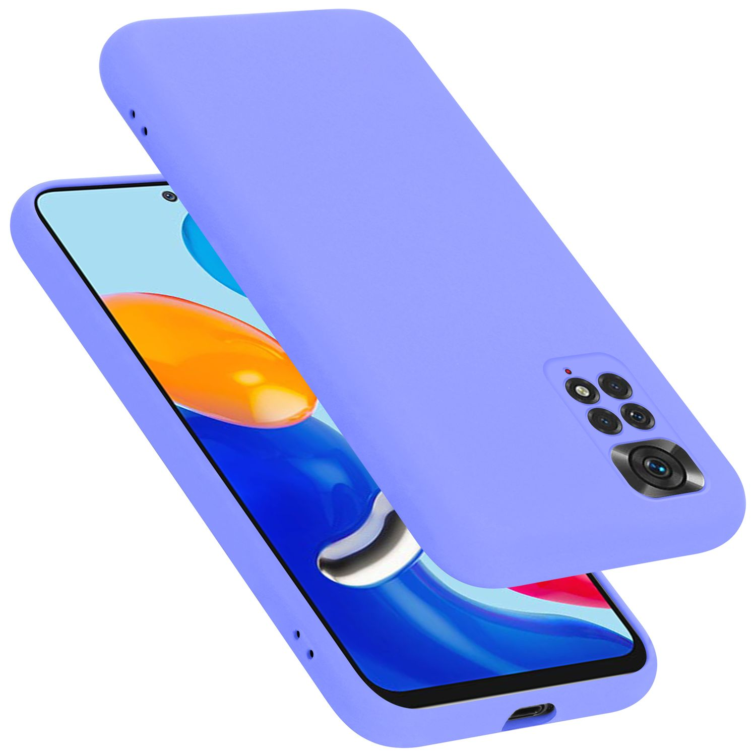 Lila Telefon mit passendem Case, schräge Ansicht. Zeigt Bildschirm und Kameradetails.