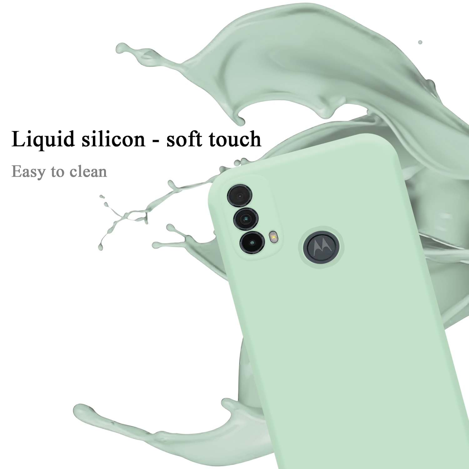 Mintgrüne Handyhülle mit Wasserspritzer, Telefon und Text 'Flüssiges Silikon'.