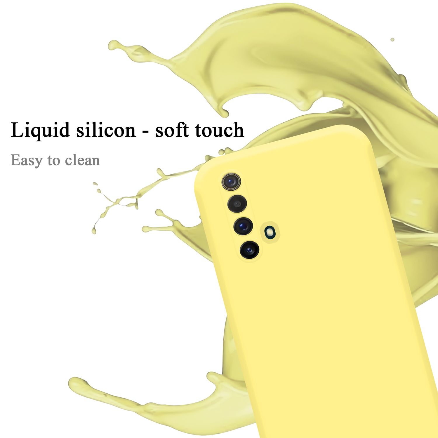 Gelbes Telefon mit Kamera. Gelber Flüssigkeitsspritzer ist rechts. Text: Flüssiges Silikon, Soft-Touch.