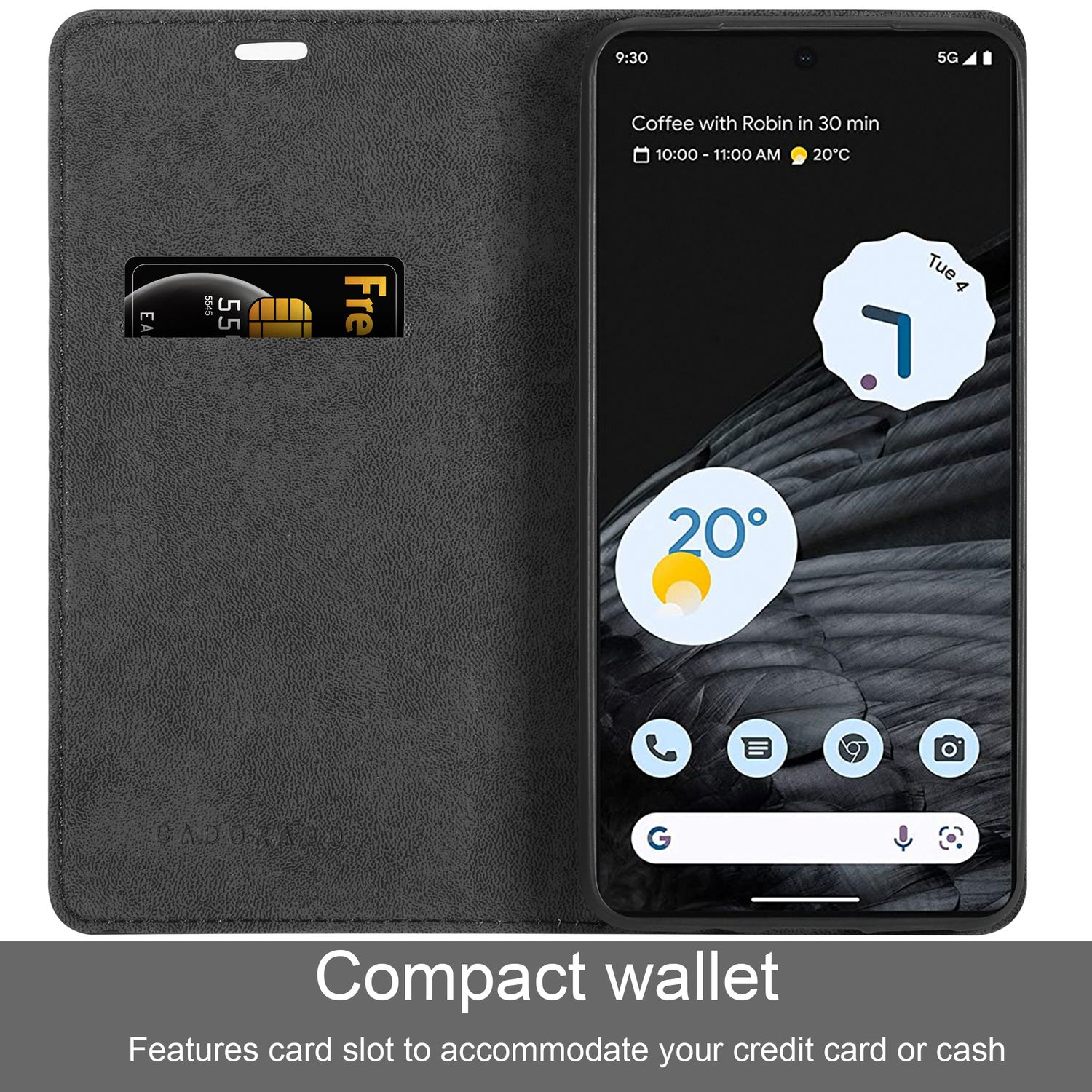 Eine schwarze Handyhülle, offen, mit Kartenfach und Telefon mit Wetter-App.