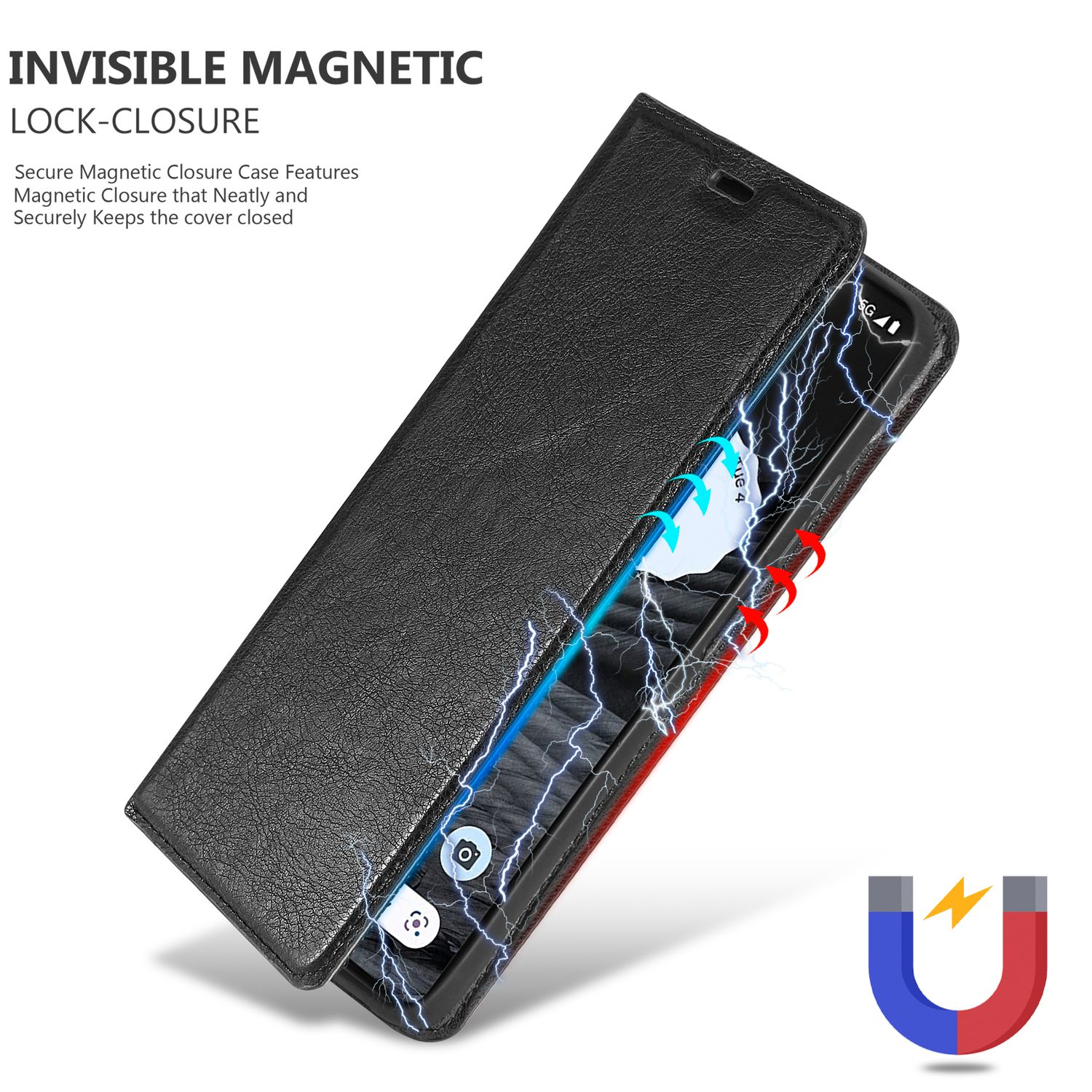 Ein schwarzes Telefon in einer schwarzen Lederhülle mit Magnetverschluss. Blitzgrafik und ein Magnetsymbol.