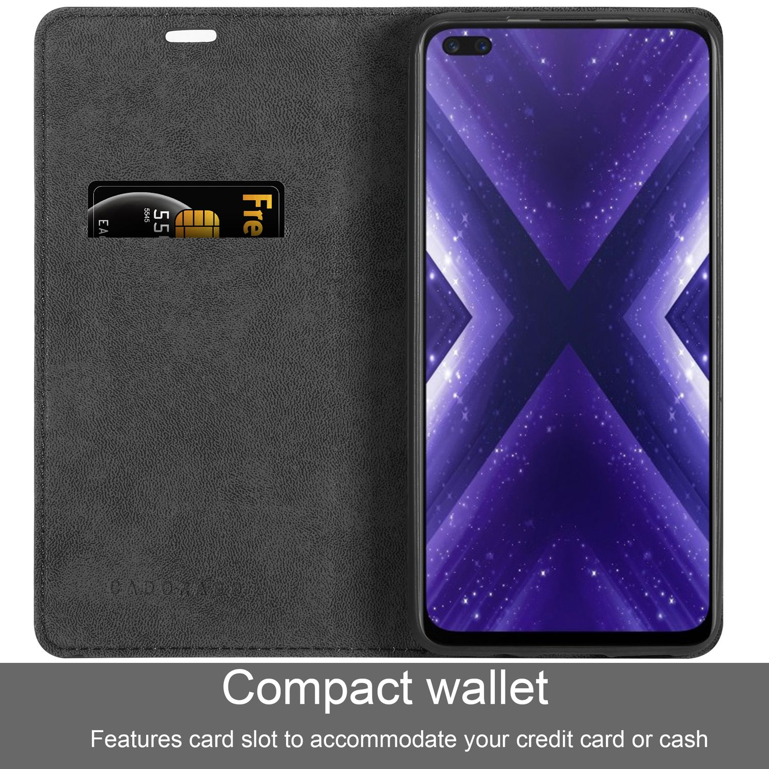 Custodia nera aperta con fessura per carte e telefono. Schermo del telefono con sfondo viola.