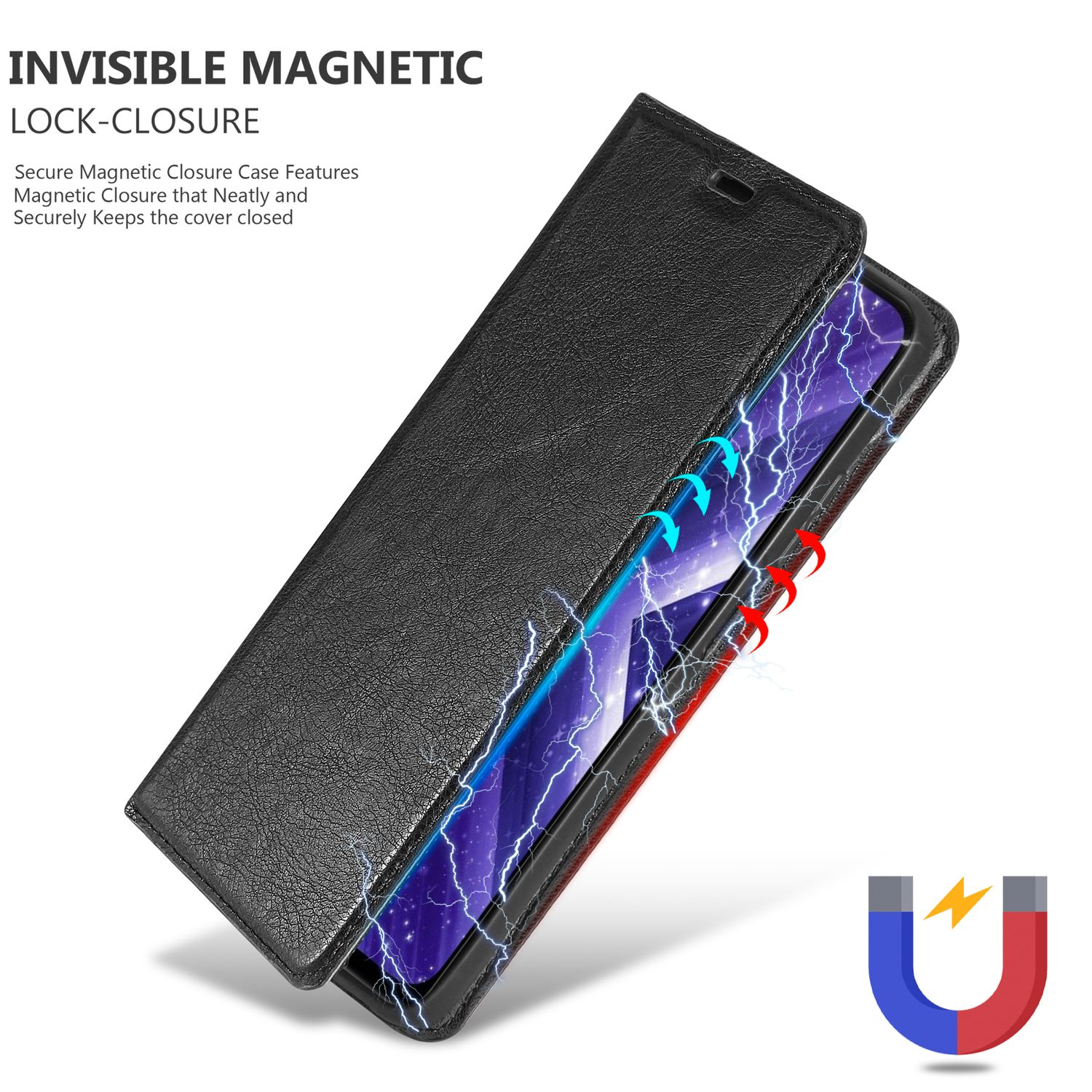 Custodia per telefono nera, aperta, con il telefono all'interno. Grafica del fulmine e un simbolo del magnete.