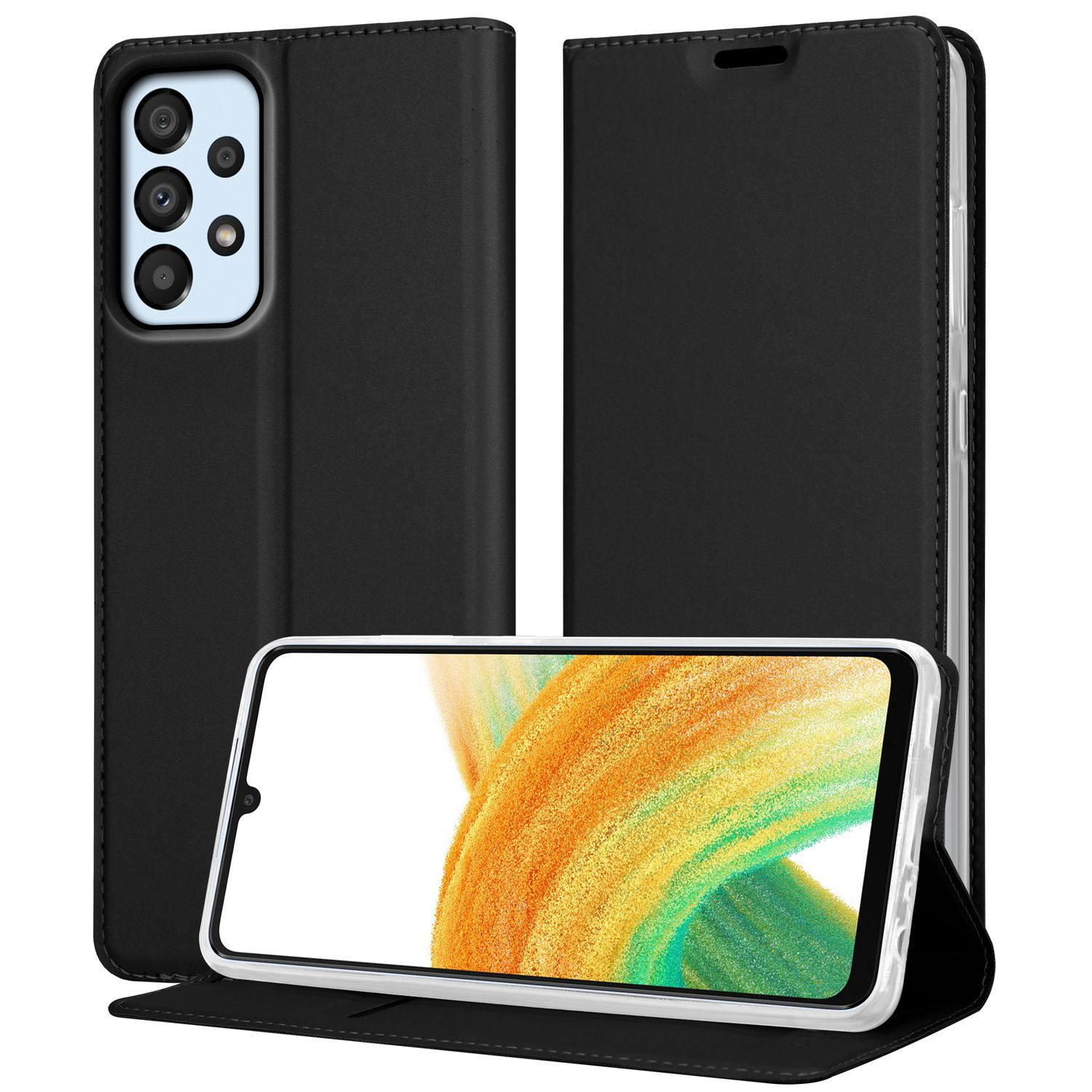 Schwarze Handyhülle mit Telefon. Das Telefon ist offen und zeigt einen bunten Bildschirm.