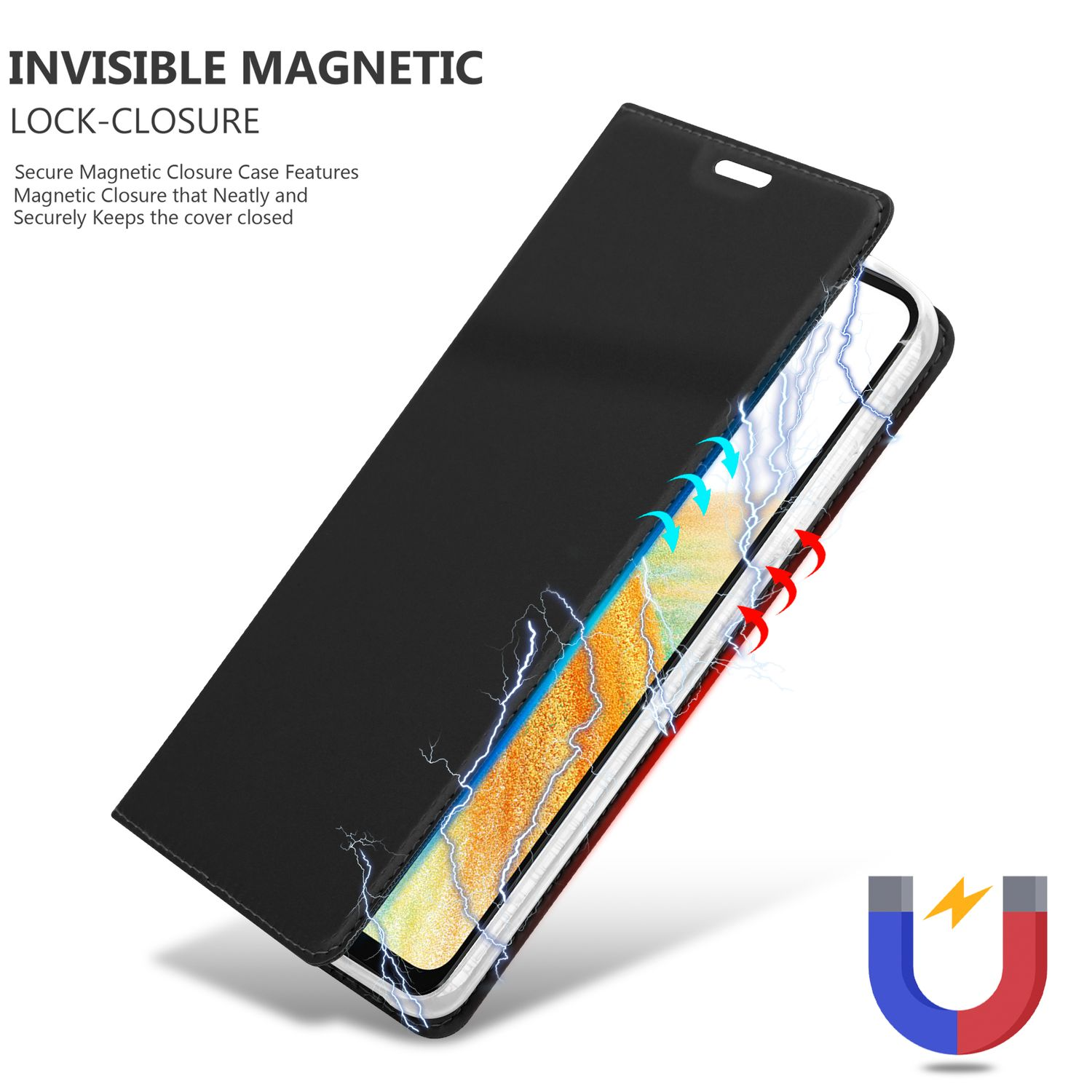 Eine schwarze Handyhülle ist offen und zeigt ein Telefon. Blitze und ein Magnetsymbol werden gezeigt.