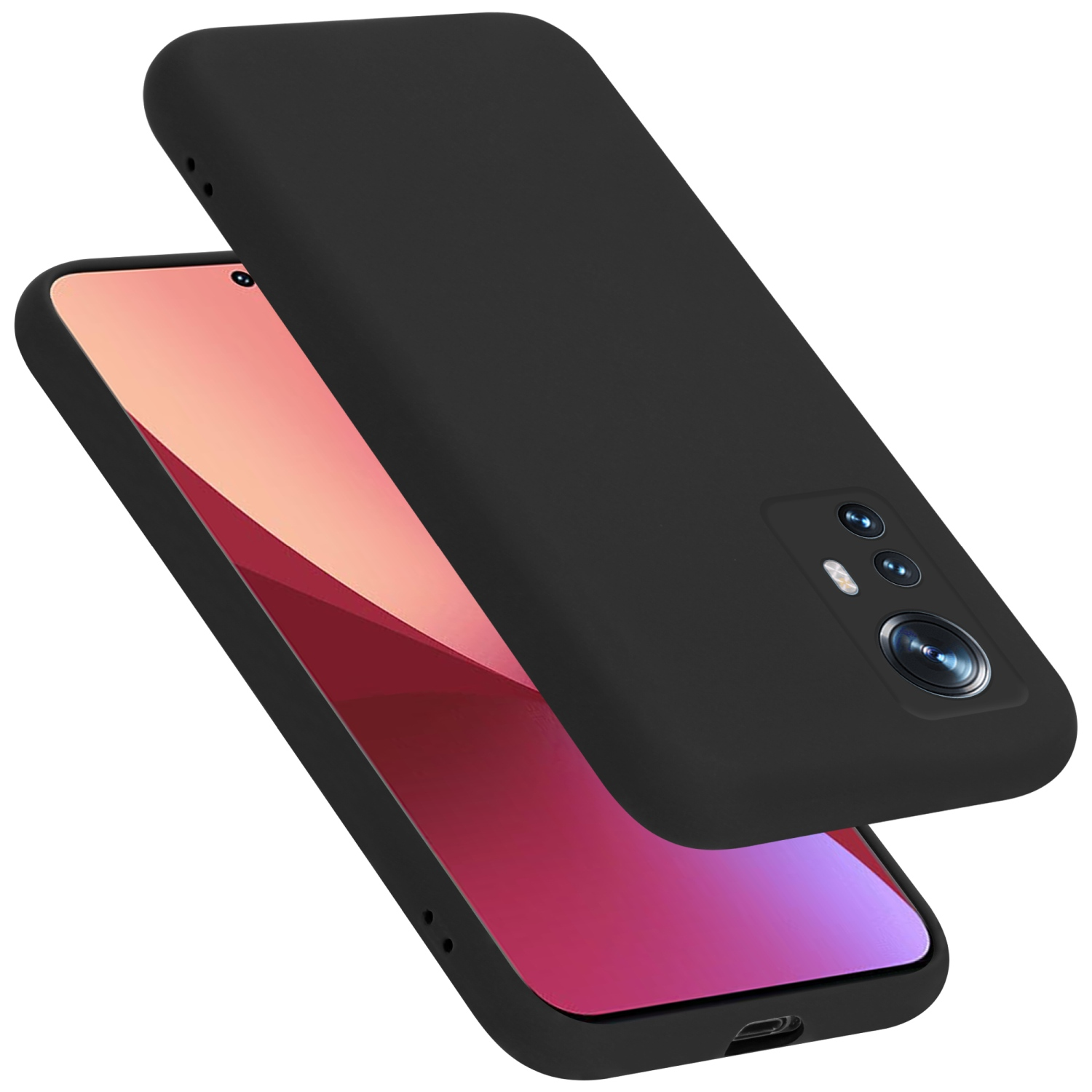 Schwarze Telefonhülle über einem Telefon mit farbenfrohem Bildschirm.