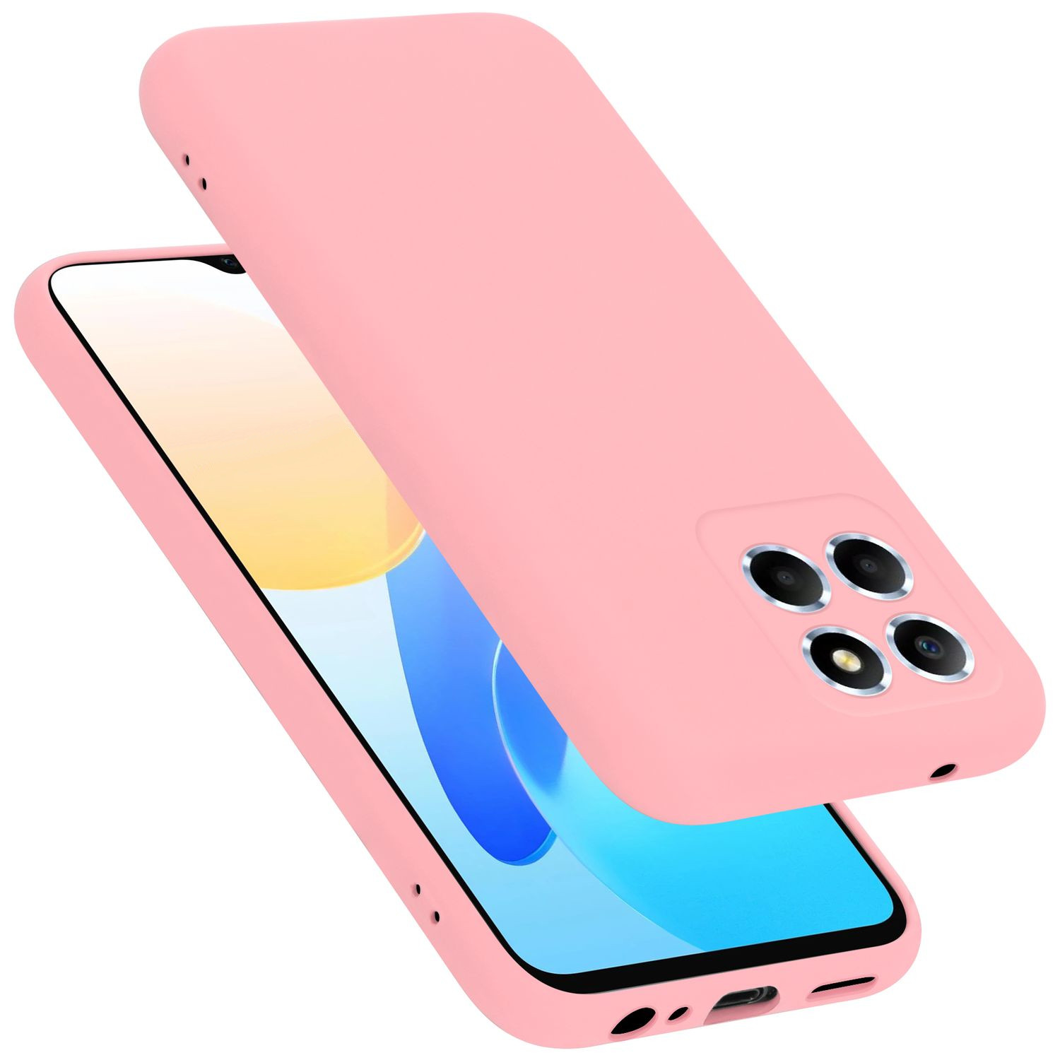 Rosa Handyhülle über einem Telefon, der Bildschirm zeigt ein blaues und weißes Design.