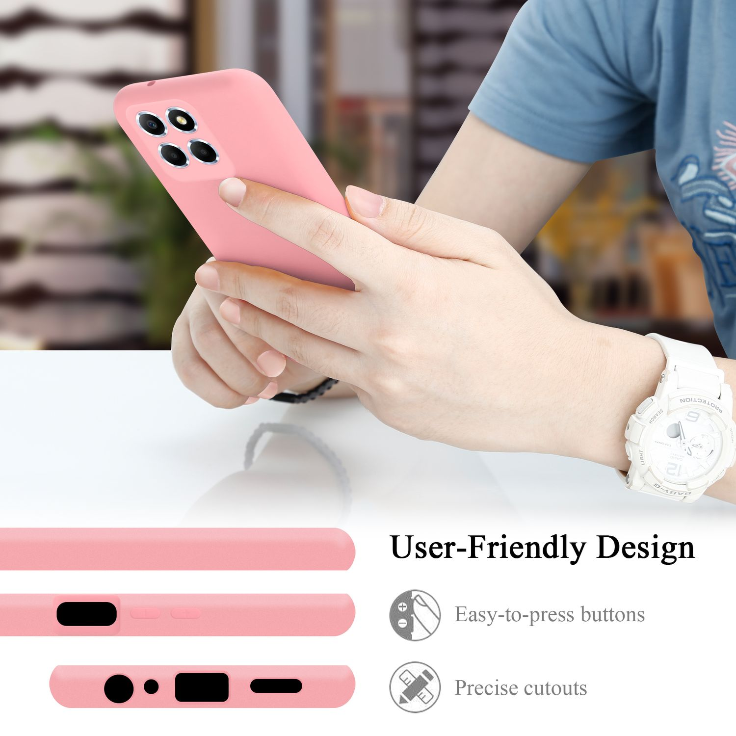 Person hält pinkes Handy. Details zeigen Knöpfe und Aussparungen.