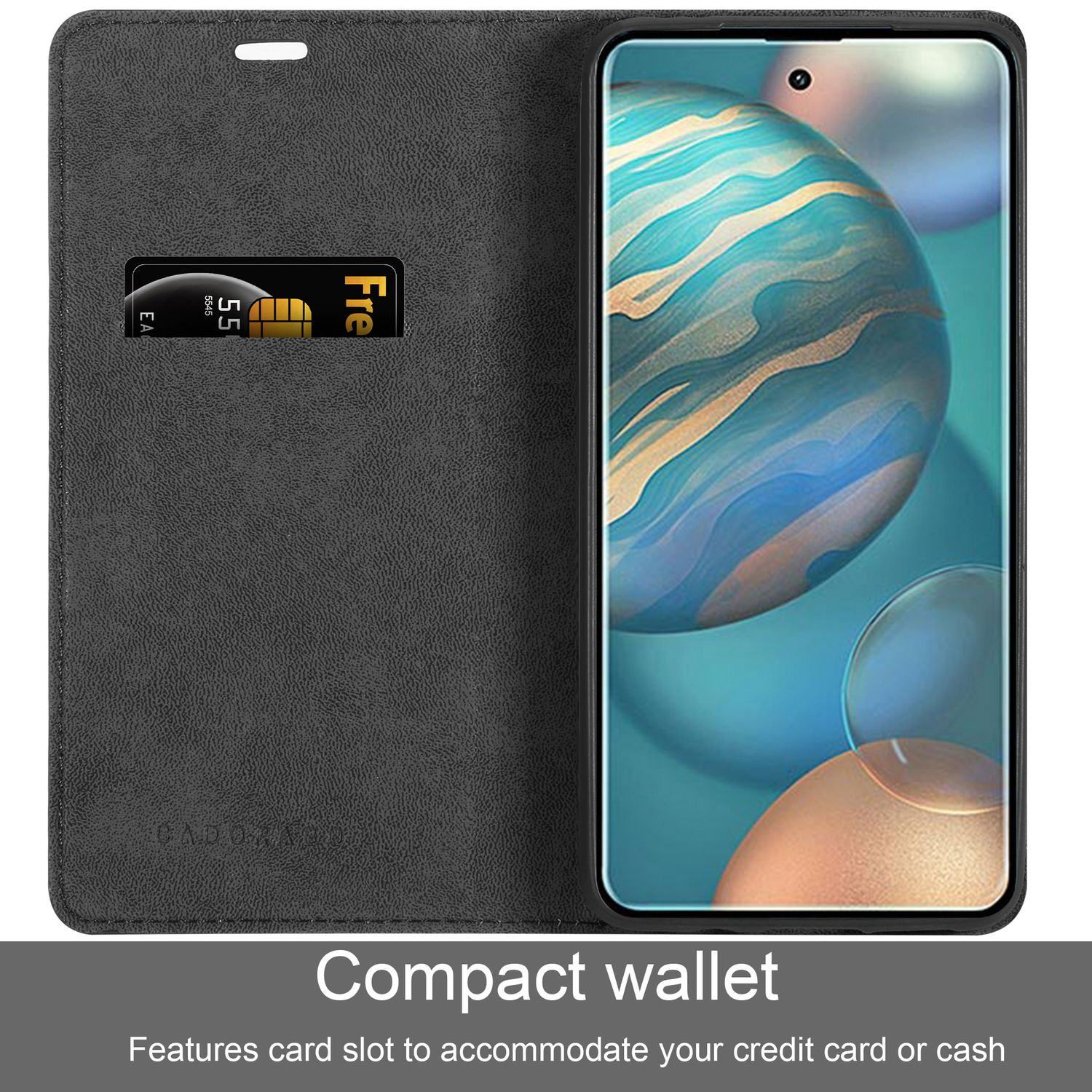 Custodia nera per telefono con slot per carte, con una carta e un telefono con display.