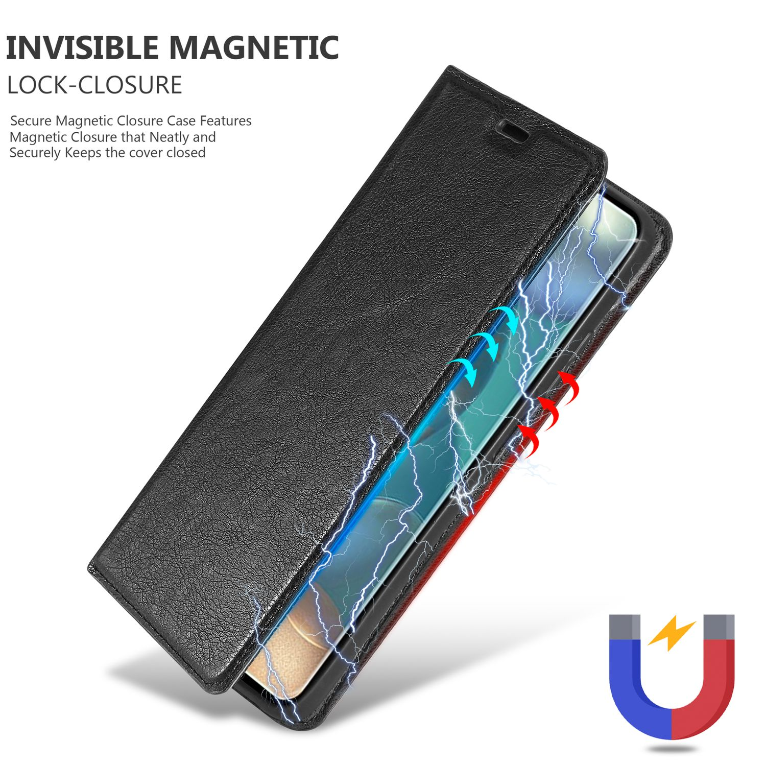 Custodia nera per telefono con chiusura magnetica, con testo 'Invisible Magnetic Lock-Closure'.