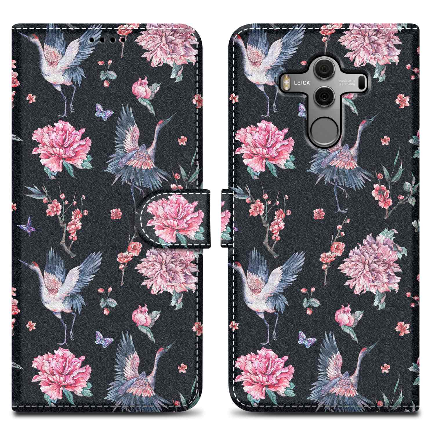 Geöffnete Handyhülle, Blumendesign. Schwarzer Hintergrund mit weißen Kranichen und rosa Blumen.