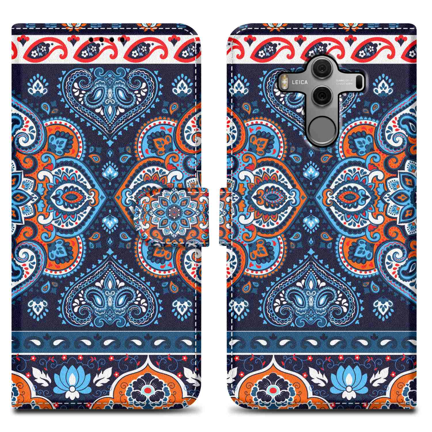 Eine offene Handyhülle mit Blumenmuster und einem Telefon darin. Die Hülle hat einen Magnetverschluss.