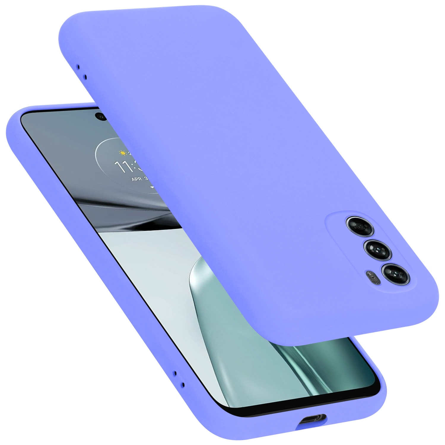 Lila Handyhülle mit Telefon, auf weißem Grund. Drei Kameras sichtbar.
