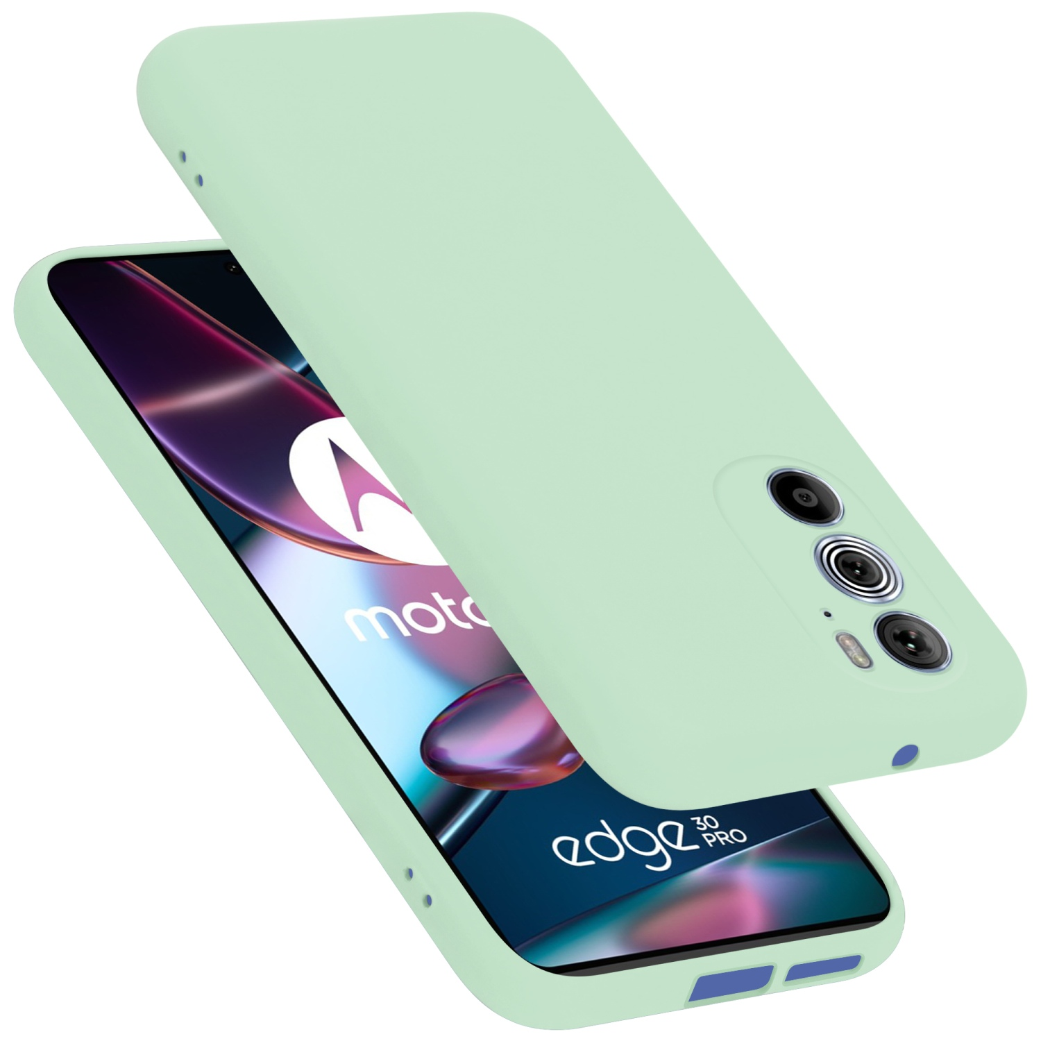 Grüne Handyhülle, zweiteilig. Telefon mit Motorola-Logo, Kamera sichtbar.