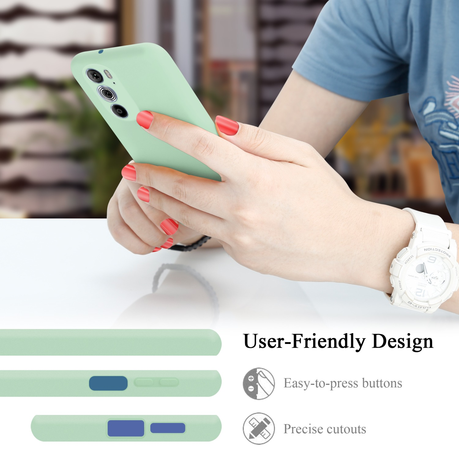Eine Person hält ein Handy mit grüner Hülle. Benutzerfreundliches Design mit einfachen Tasten.
