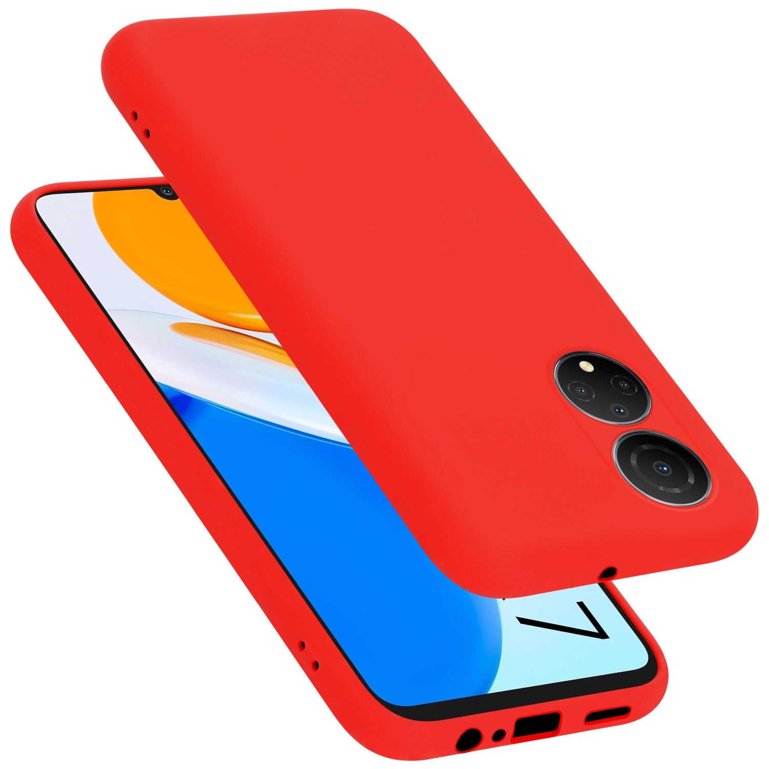 Rote Handyhülle auf Telefon. Telefon hat Dual-Kamera und kleinen Bildschirm.