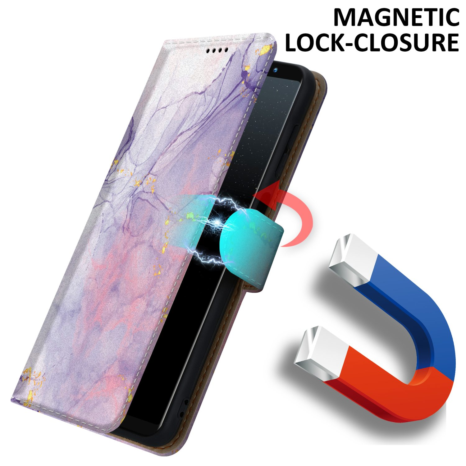 Eine Handyhülle mit Marmordesign und Magnet. Der Text lautet magnetischer Verschluss.