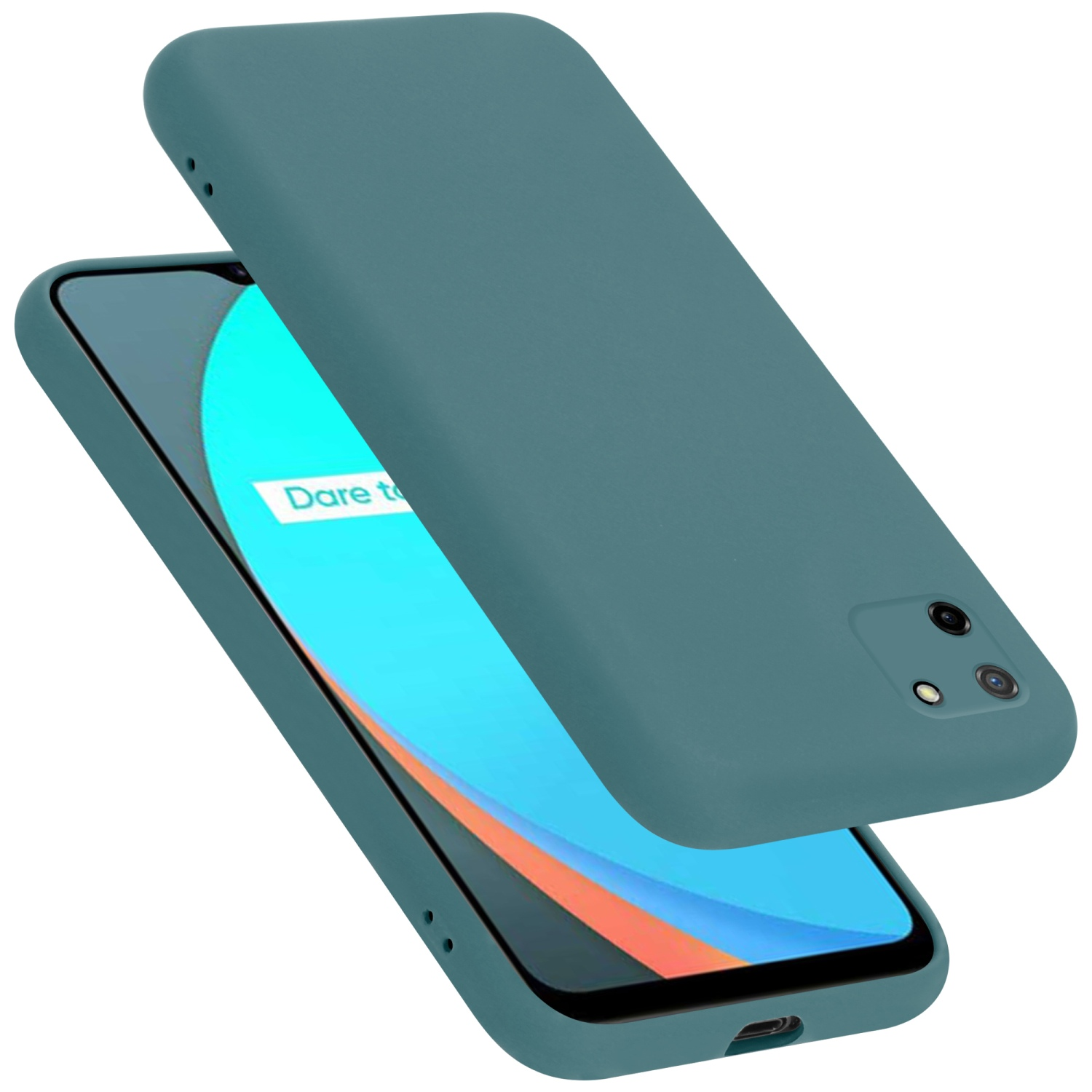 Eine türkis Handyhülle ist geöffnet, mit einem Telefon darin. Die Hülle und das Telefon sind türkis.