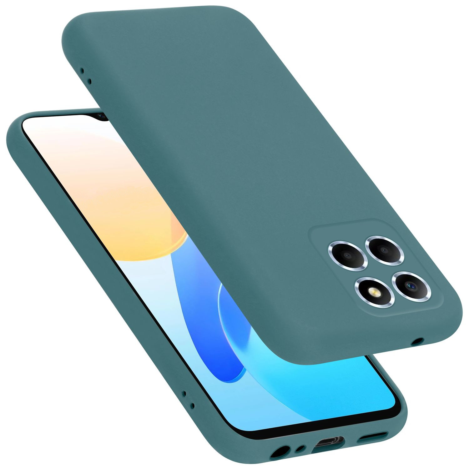 Türkis Handyhülle auf einem Telefon. Das Telefon ist türkis. Die Hülle bedeckt die Rückseite des Telefons.