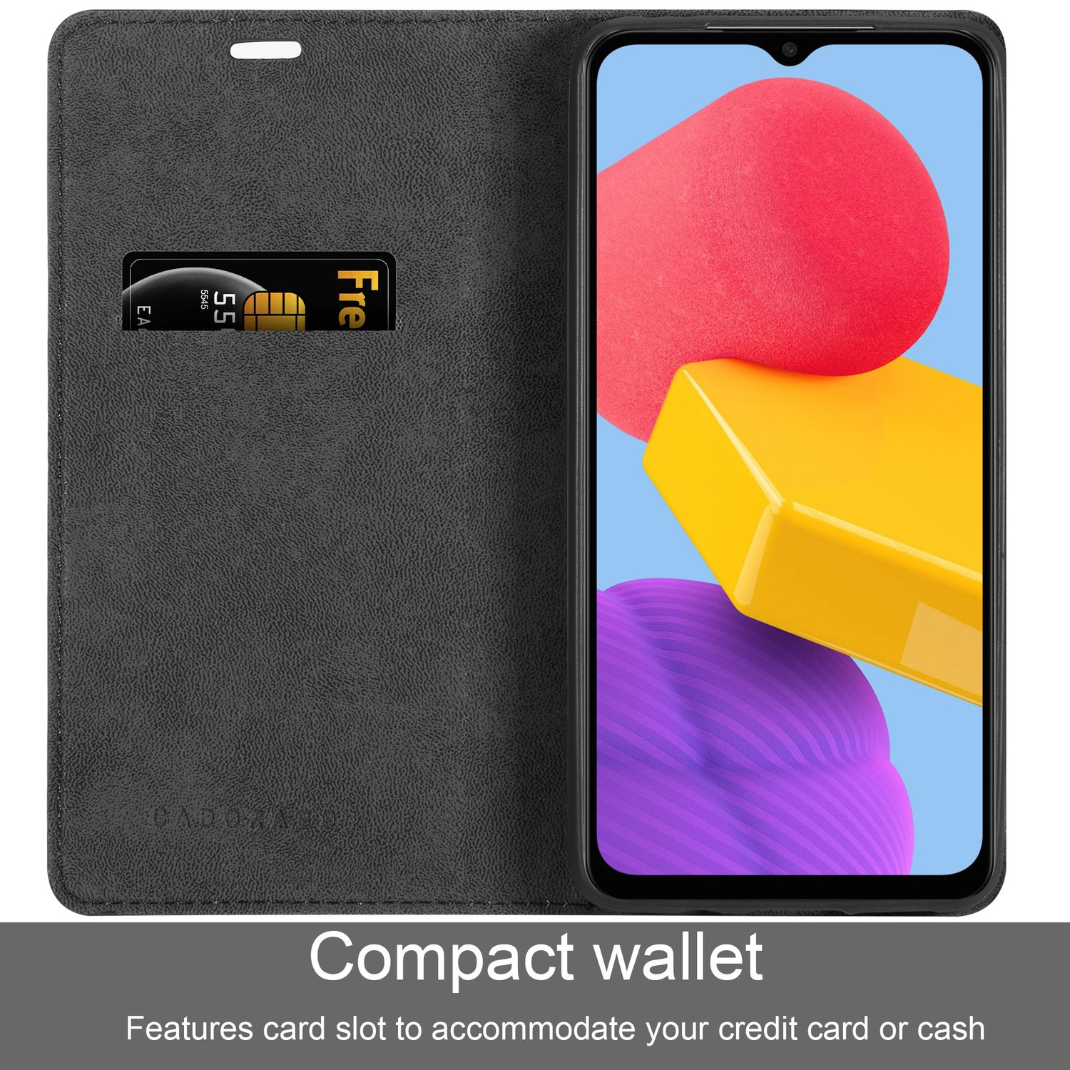 Custodia a portafoglio nera con telefono con forme colorate. Fessura per carte.