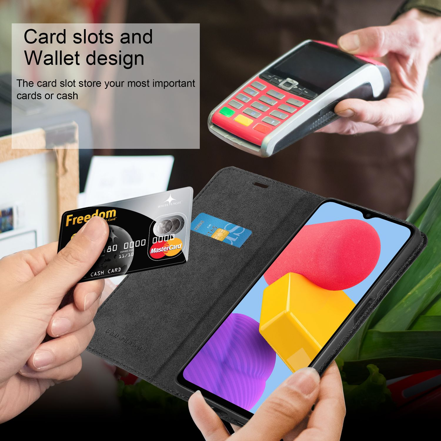 Custodia per telefono nera, aperta. La custodia ha fessure per carte, una Mastercard e una carta di credito.