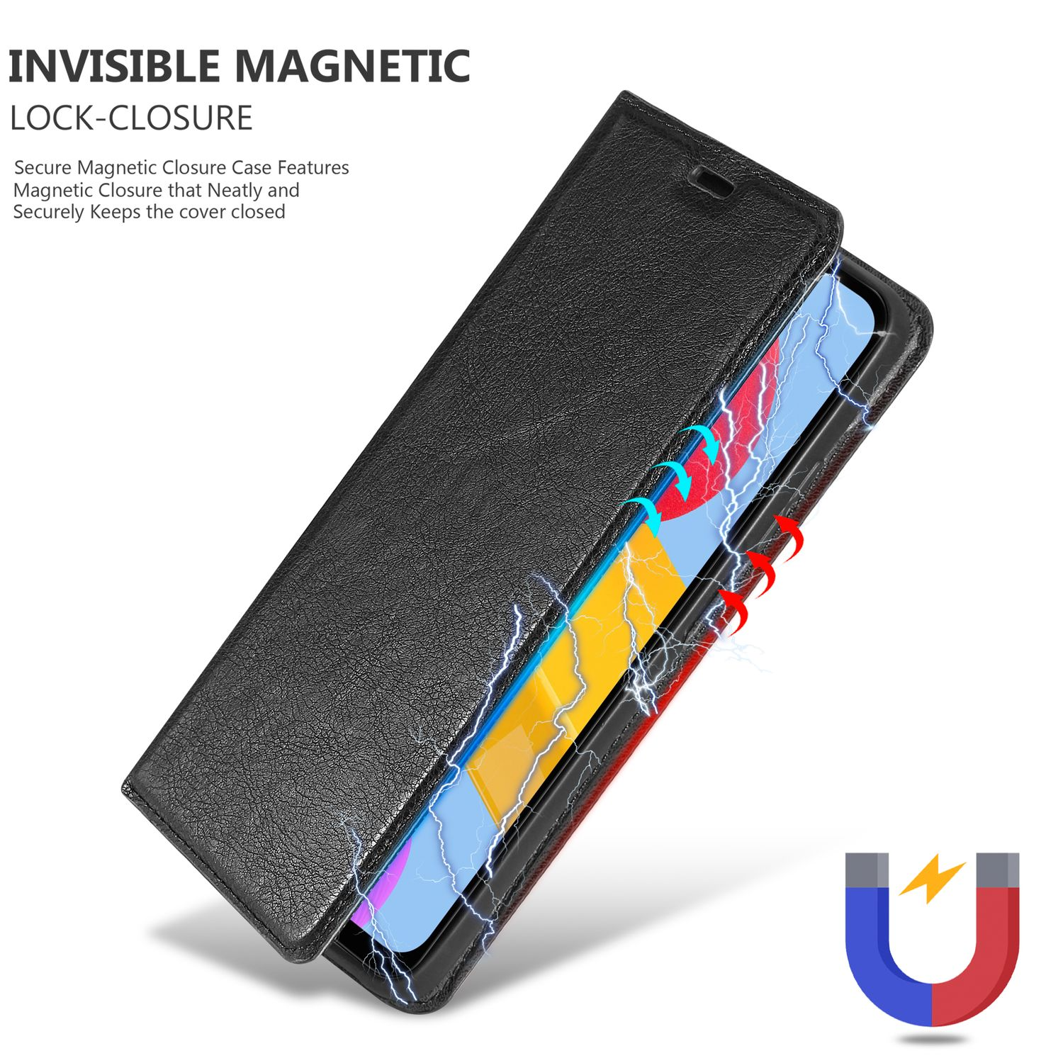 Custodia marrone per telefono aperta con telefono all'interno. Simbolo del magnete sotto la custodia. Lo schermo è visibile.