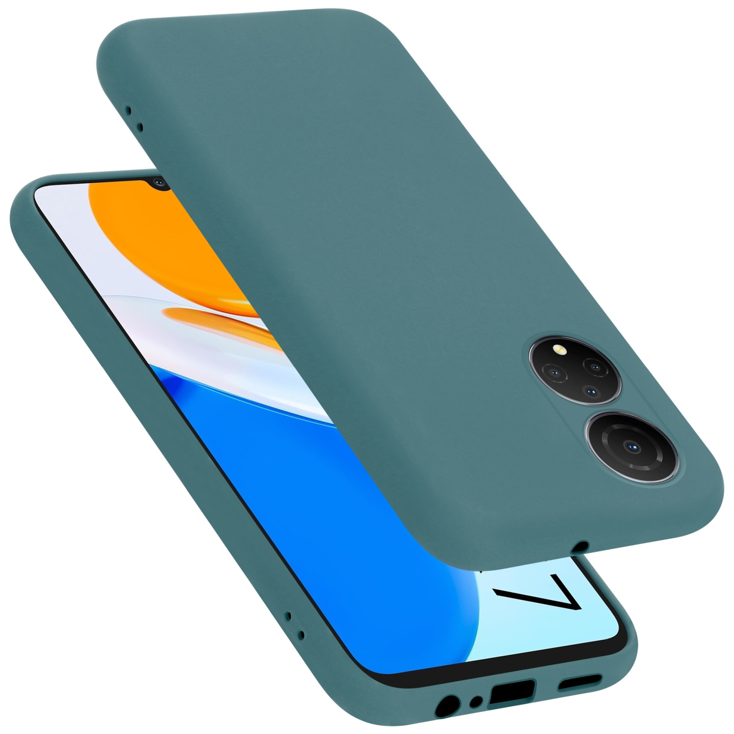 Türkis Handyhülle mit Telefon darin. Das Telefon zeigt einen gelben und blauen Bildschirm. Gehäuse ist offen.