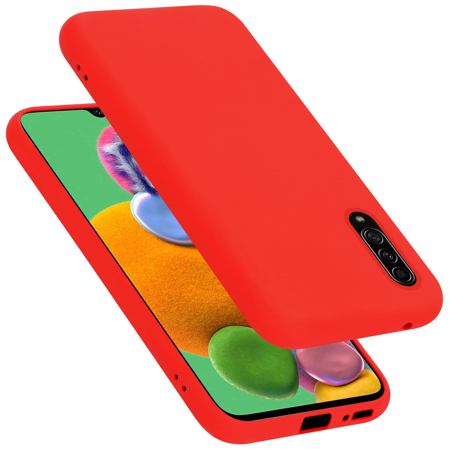 Rote Telefonhülle über einem Telefon mit farbenfrohem Bildschirm.