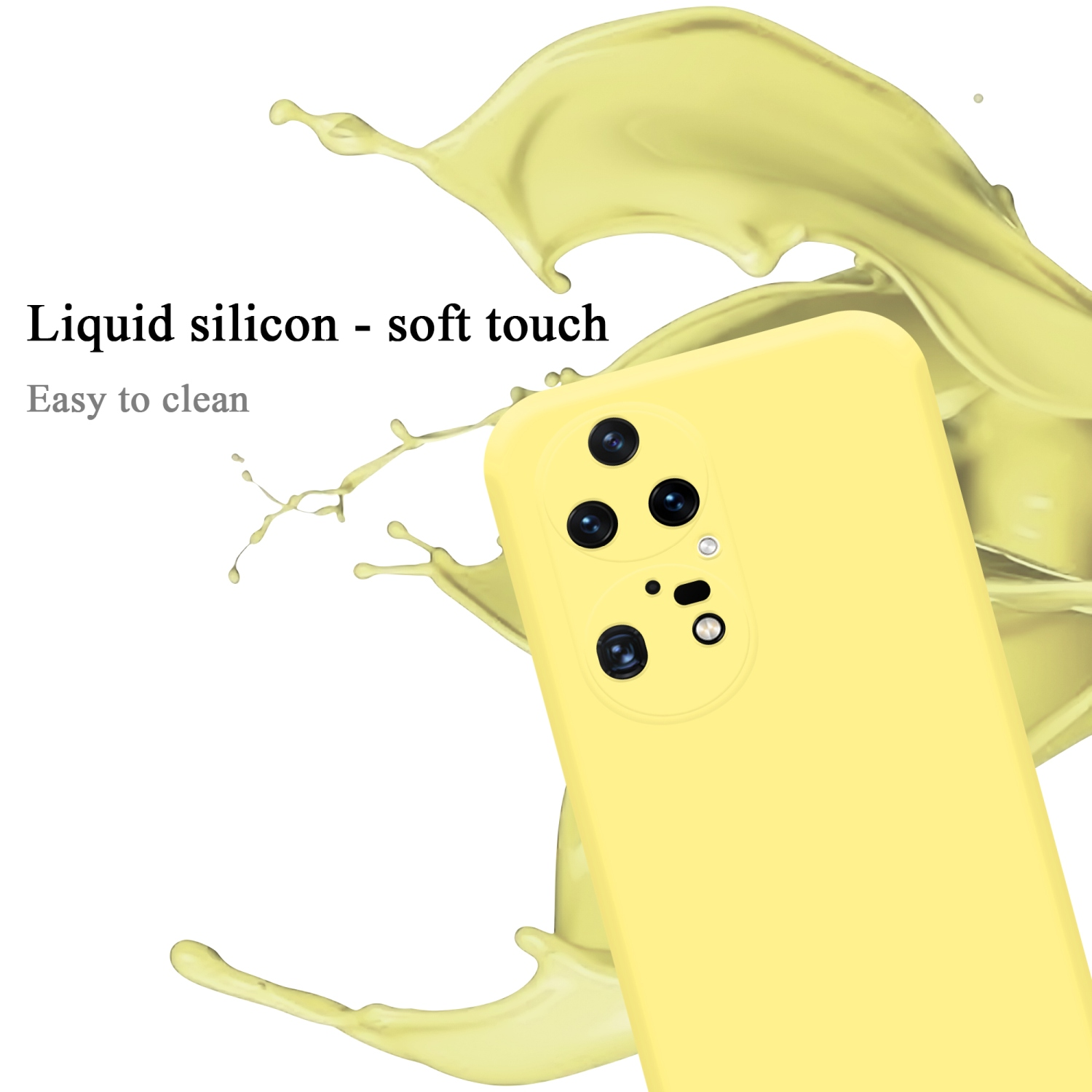 Gelbe Handyhülle mit Flüssigkeitsspritzer. Text: Flüssiges Silikon - Soft-Touch.
