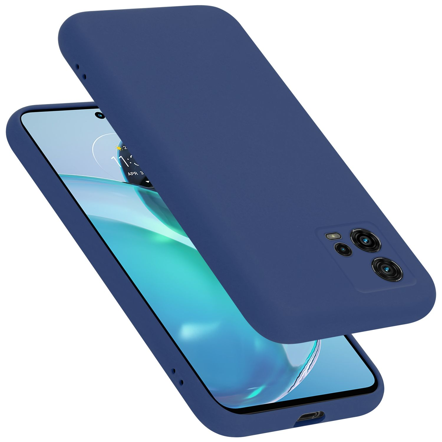 Custodia blu per telefono su un telefono. La custodia è leggermente fuori posto e ha un ritaglio per la fotocamera.