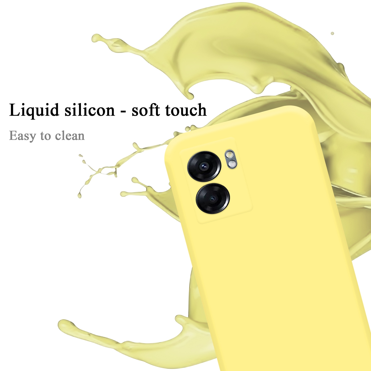 Gelbe Handyhülle mit Telefon. Die Hülle ist gelb, und der Hintergrund hat gelbe Flüssigkeit.