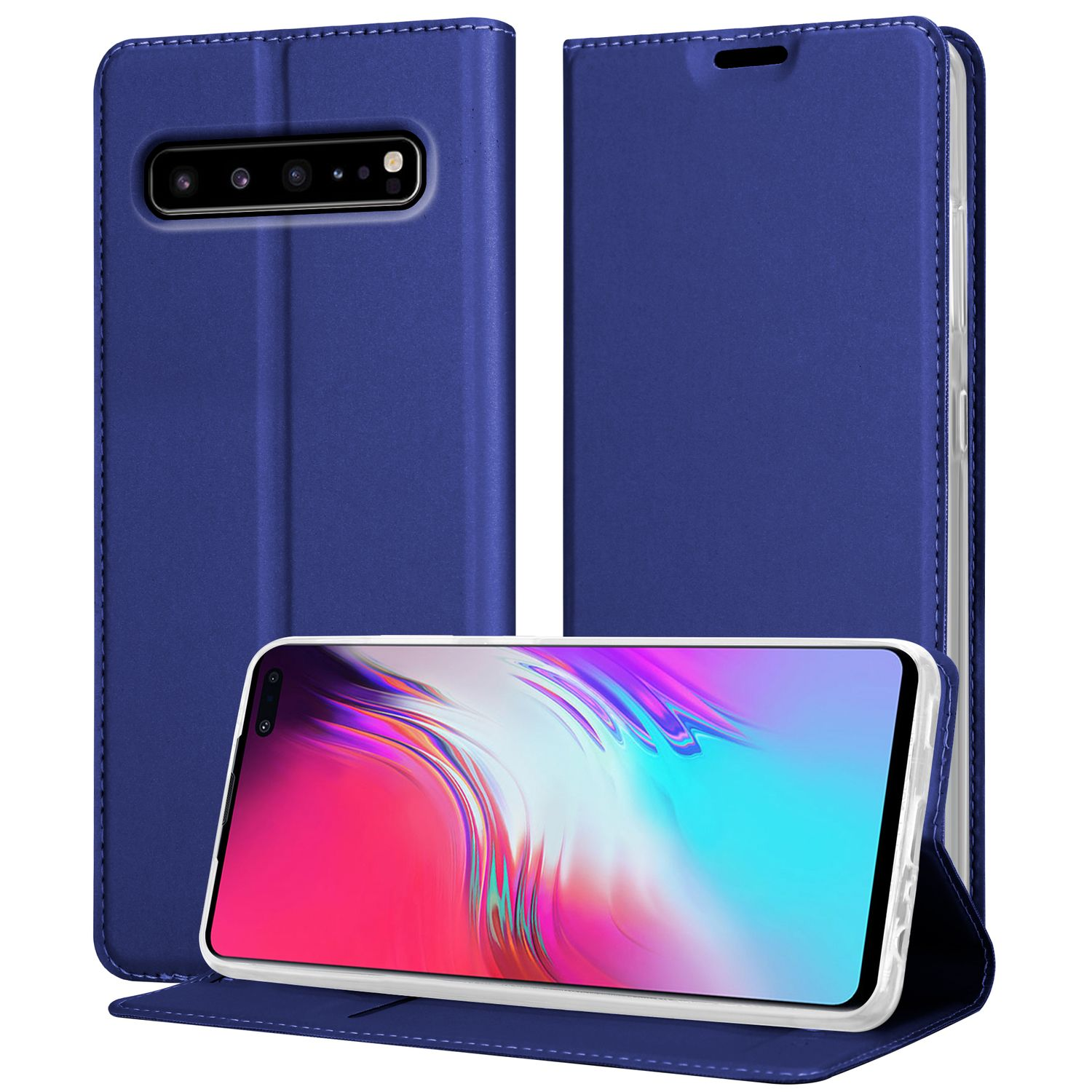 Blaue Handyhülle mit einem Telefon. Das Telefon zeigt ein Bild an. Die Hülle ist offen.