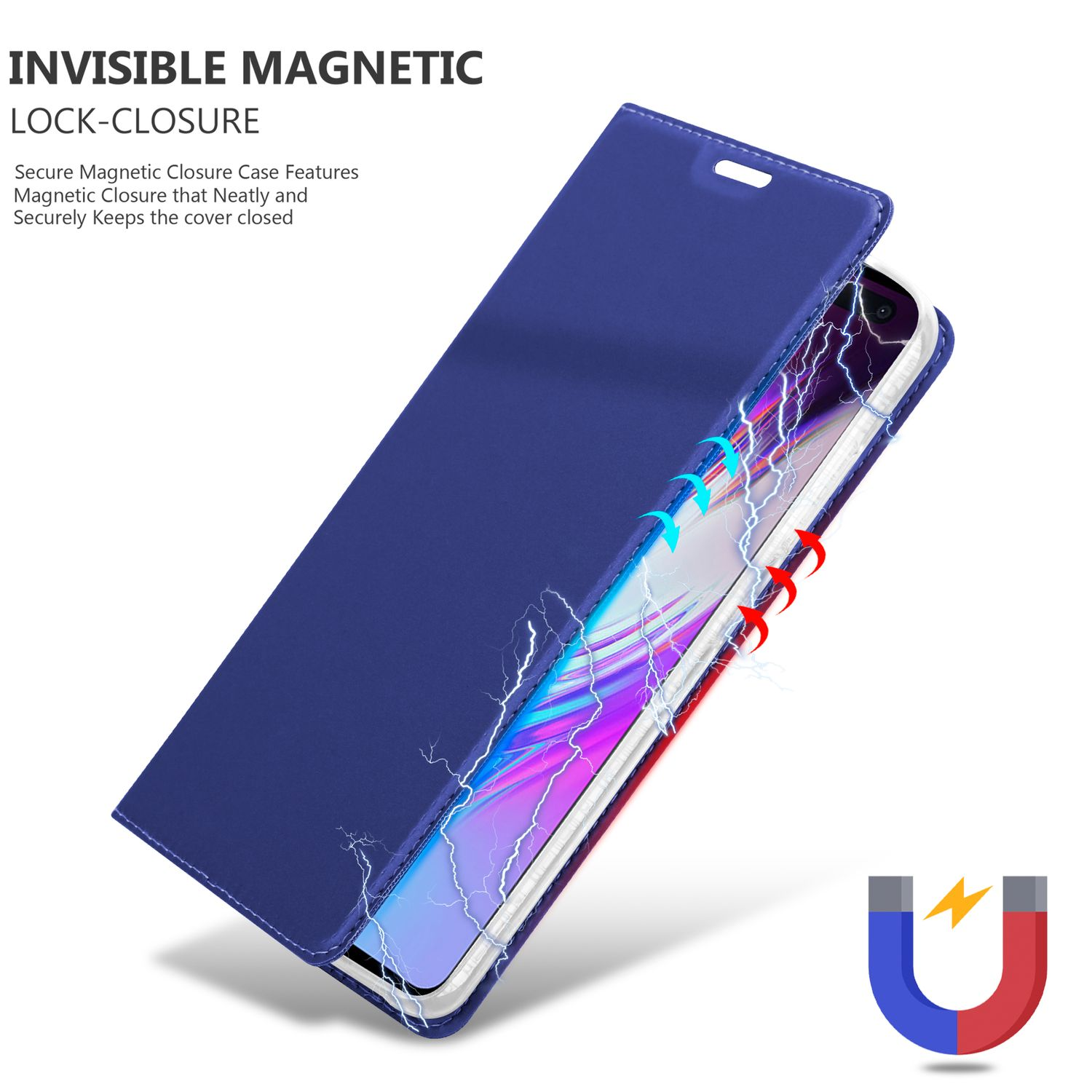 Blaue Handyhülle offen, Telefon innen. Magnetverschluss, sichere Verriegelung, Magnet-Symbol.