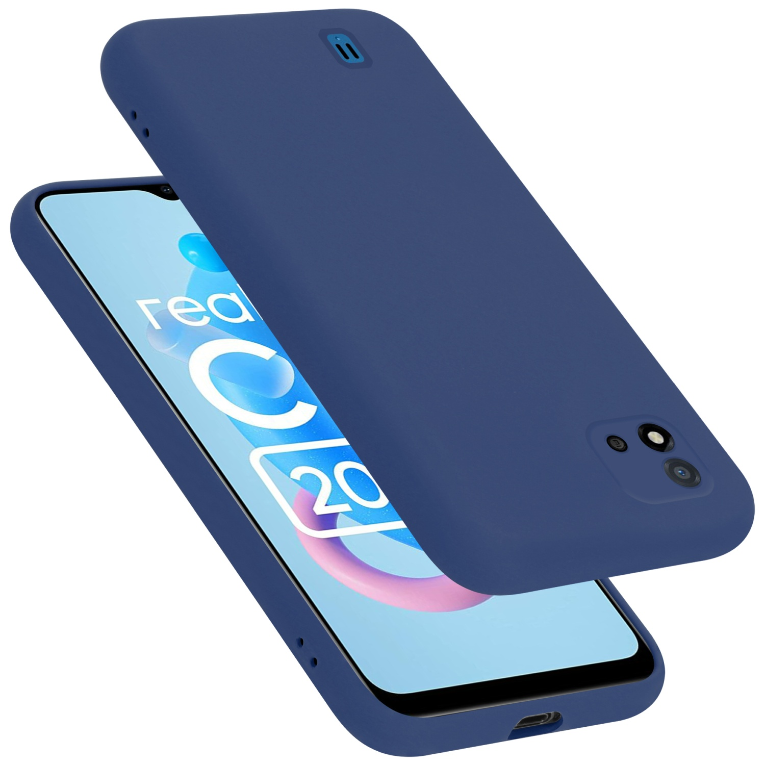 Marineblaue Handyhülle mit Telefon darin. Das Telefon zeigt Text auf dem Bildschirm. Gehäuse ist offen.