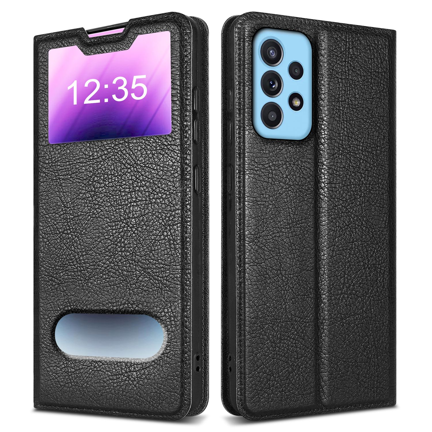 Custodia per telefono in pelle nera in due viste. Un lato ha una finestra di visualizzazione, l'altro fotocamere.