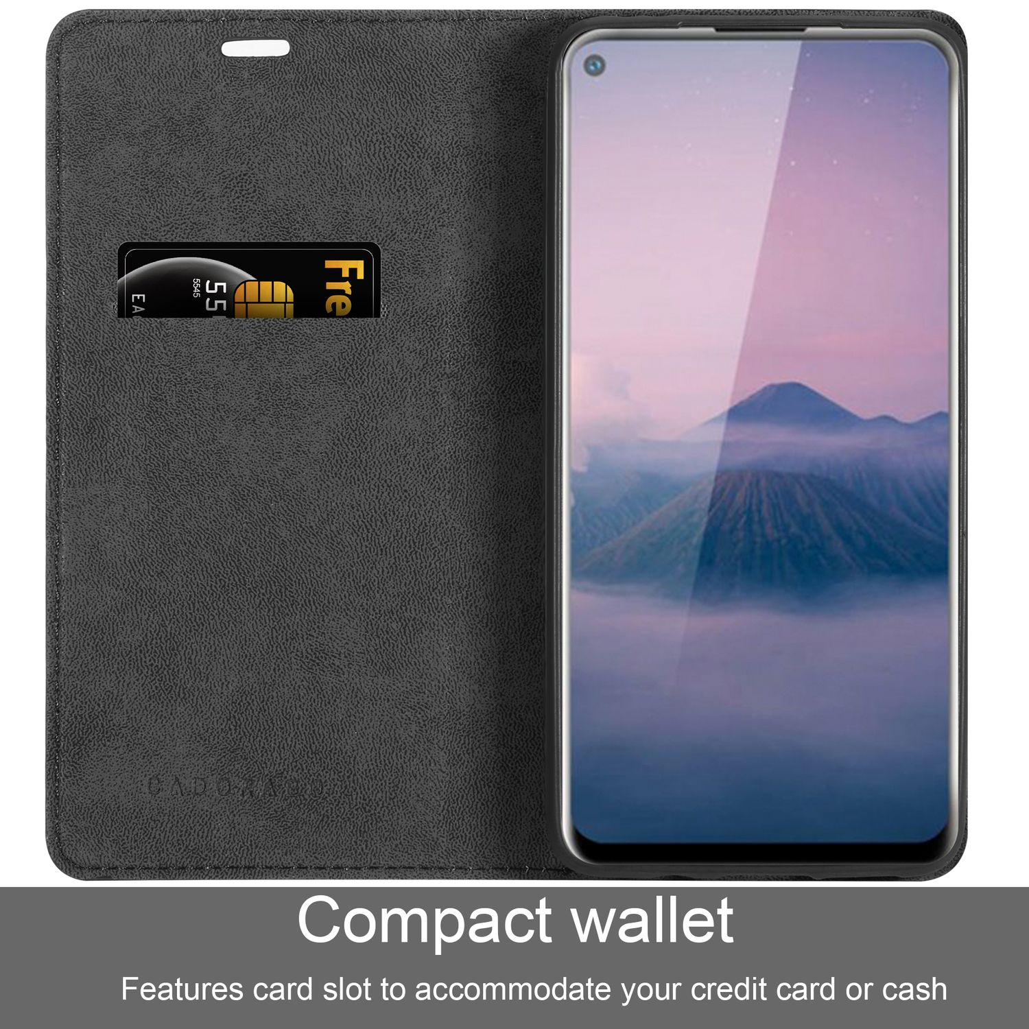 Portafoglio nero per telefono. Con fessura per carte e telefono. È un portafoglio compatto.