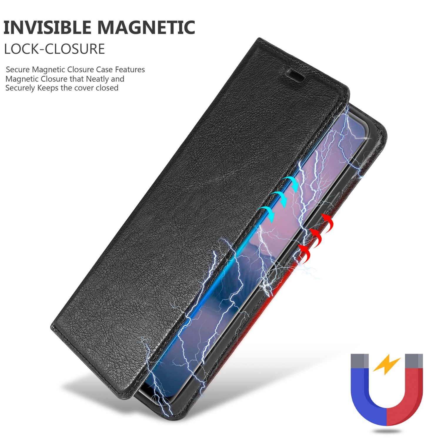 Custodia nera con effetto fulmine e chiusura magnetica, con un magnete a forma di U.