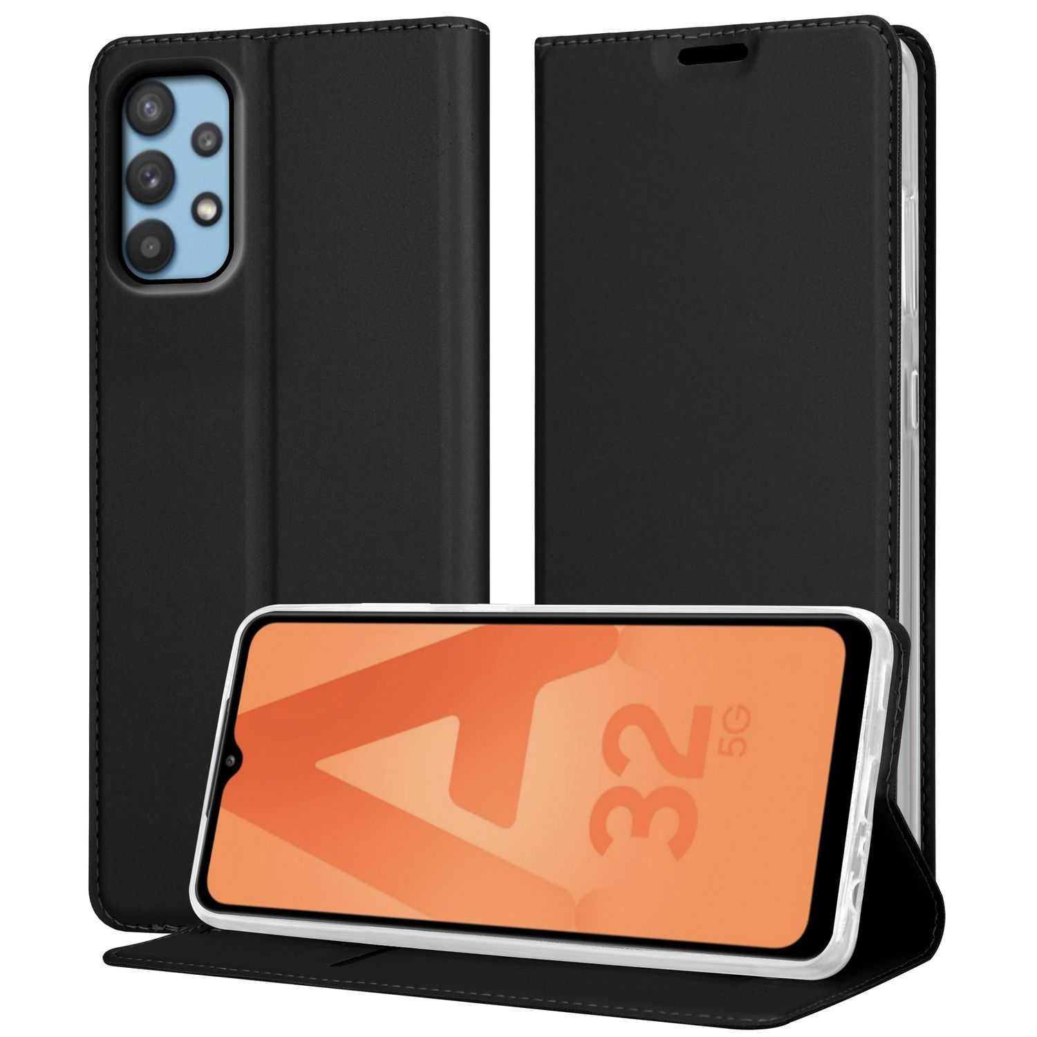 Schwarze Handyhülle und Telefon. Die Hülle ist offen, das Telefon ist sichtbar. Das Telefon hat einen orangefarbenen Bildschirm.