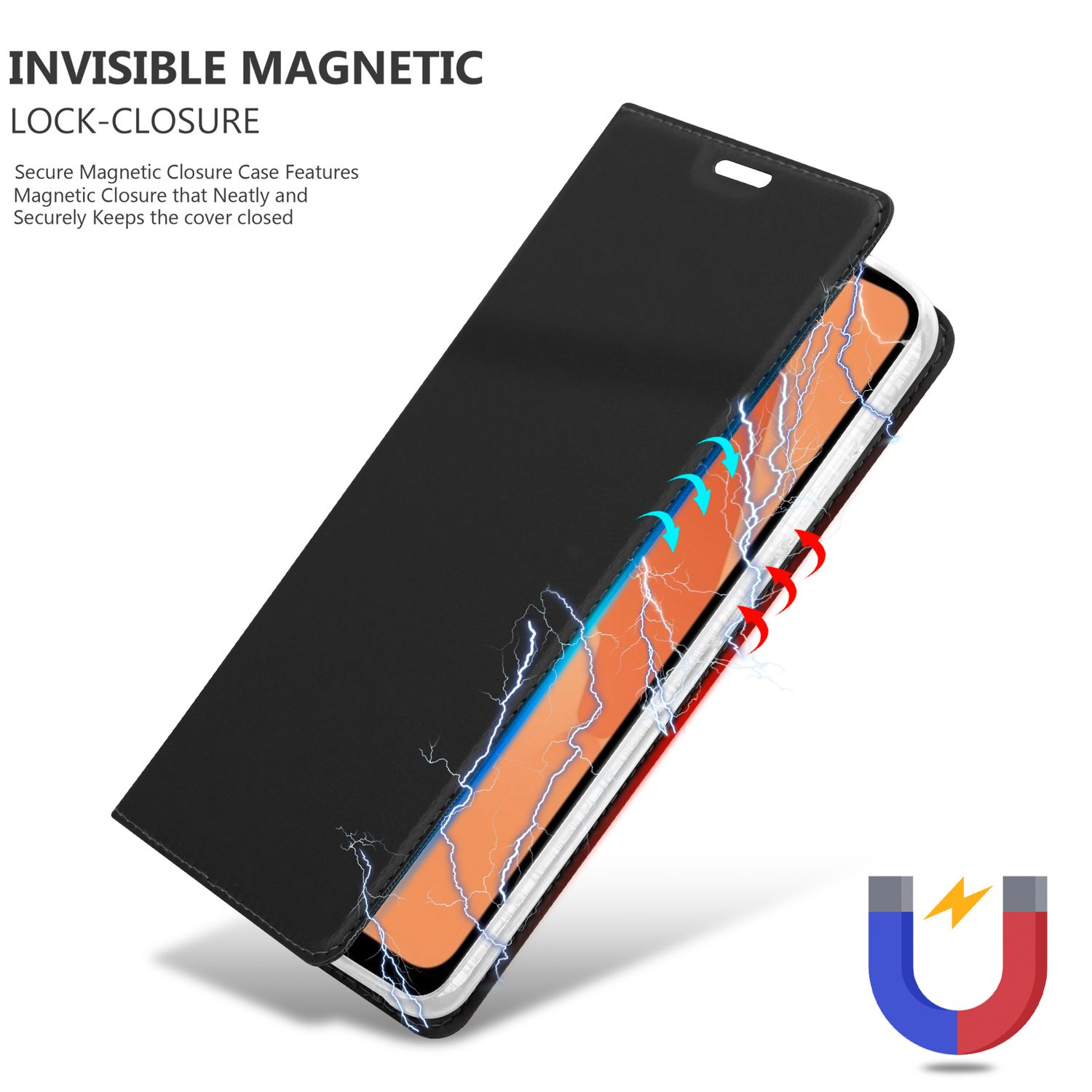 Schwarze Handyhülle, offen, Magnetverschluss, mit einem Telefon darin und Text.