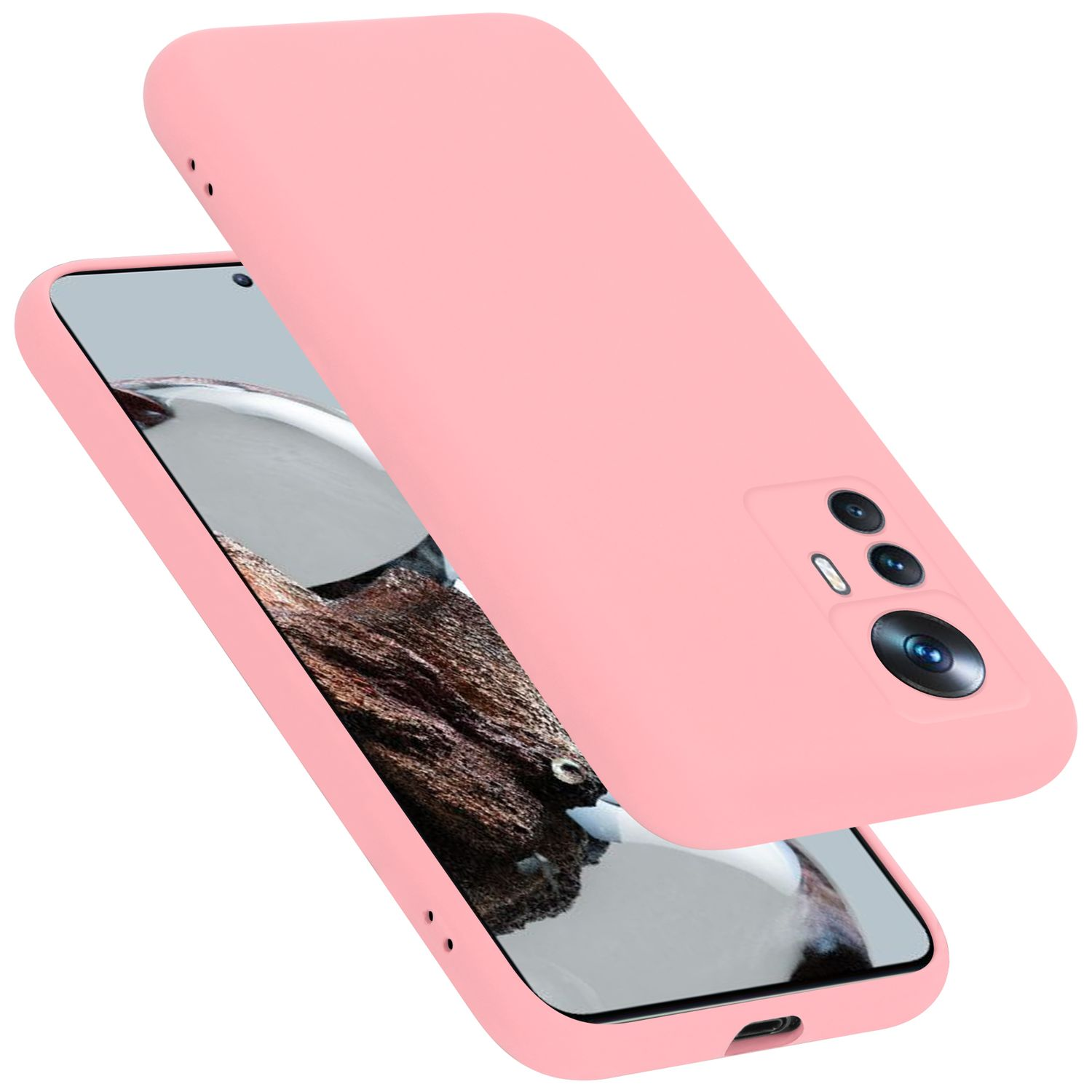 Rosa Handyhülle auf einem Telefon. Die Hülle ist leicht versetzt und hat einen Kameraausschnitt.