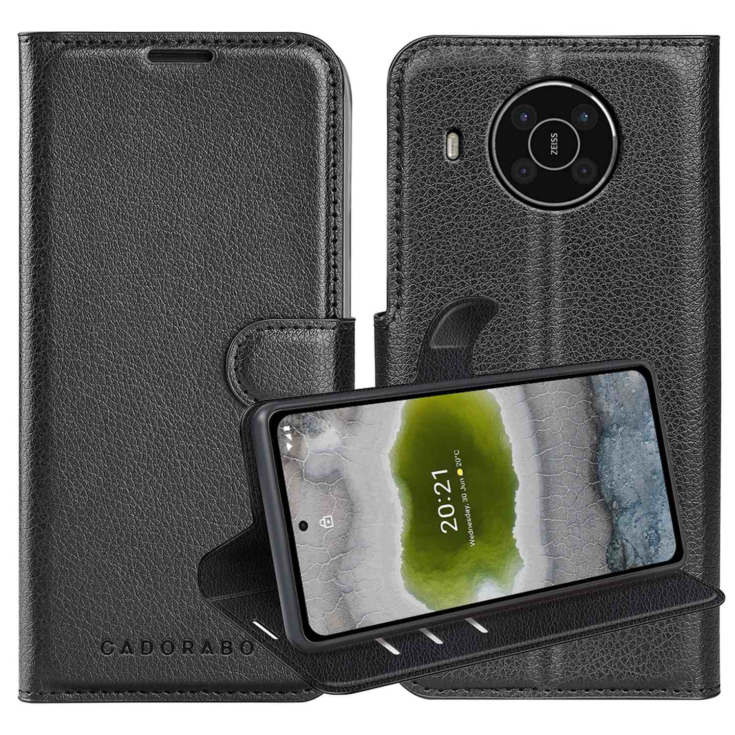 Schwarze Handyhülle mit Telefon, das Zeit und grünen Hintergrund zeigt, die Hülle zeigt Cadorabo.