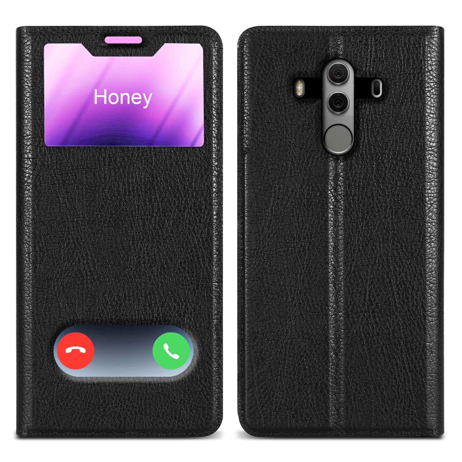 Custodia nera con chiamata sullo schermo. La custodia è chiusa. Il telefono è dentro.