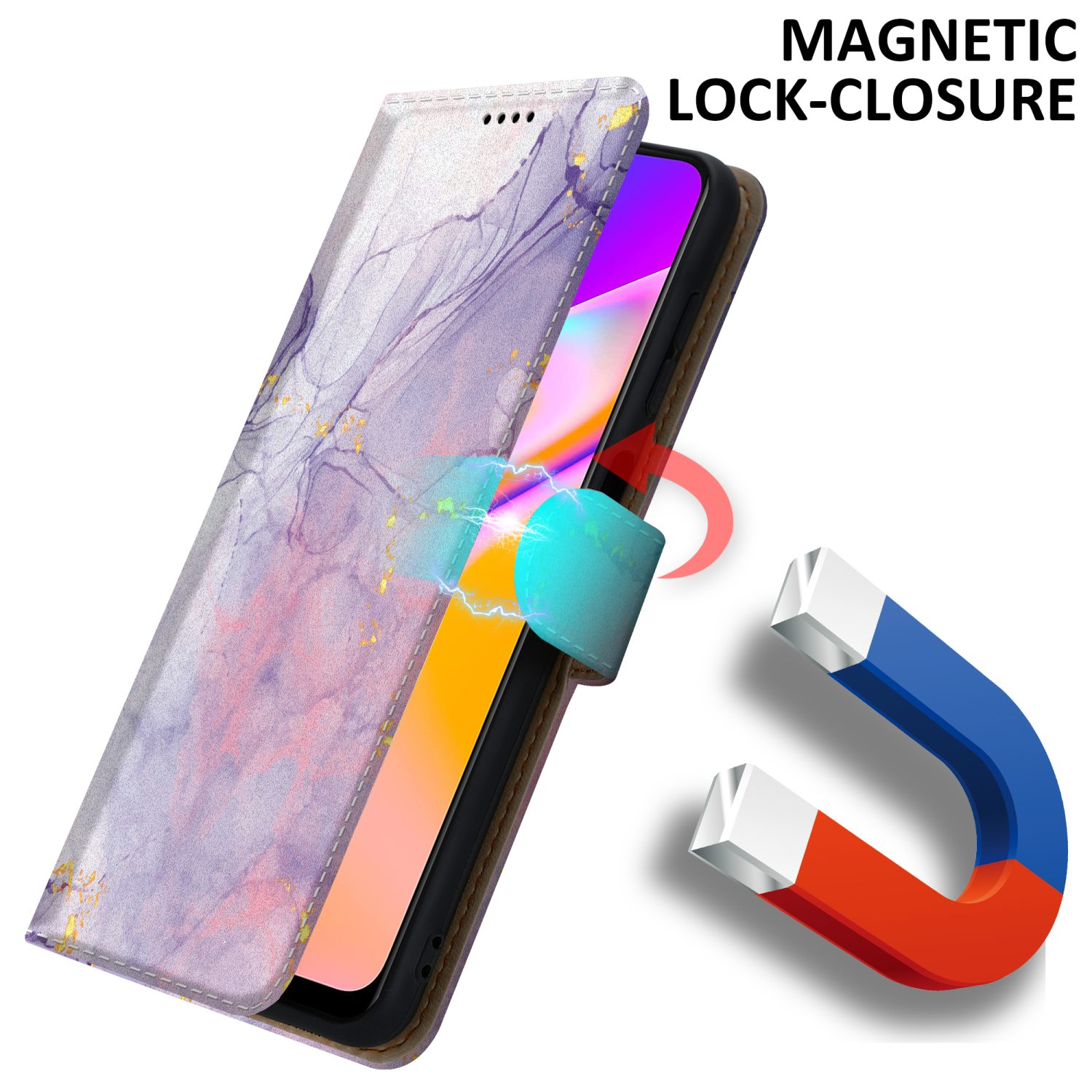 Una custodia per telefono con chiusura magnetica, che mostra un interno a motivo marmorizzato.