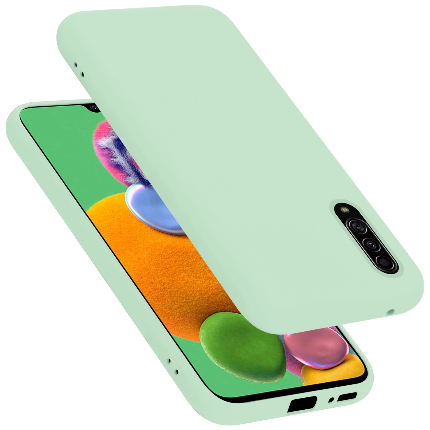 Hellgrüne Handyhülle und ein Telefon mit farbenfrohem Bildschirm. Die Hülle befindet sich über dem Telefon.