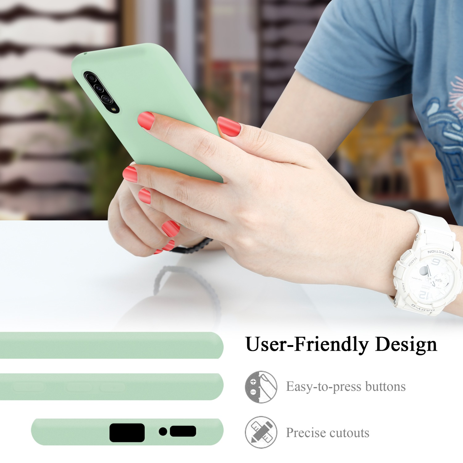 Person hält hellgrünes Handy. Details zeigen Knöpfe und Aussparungen.