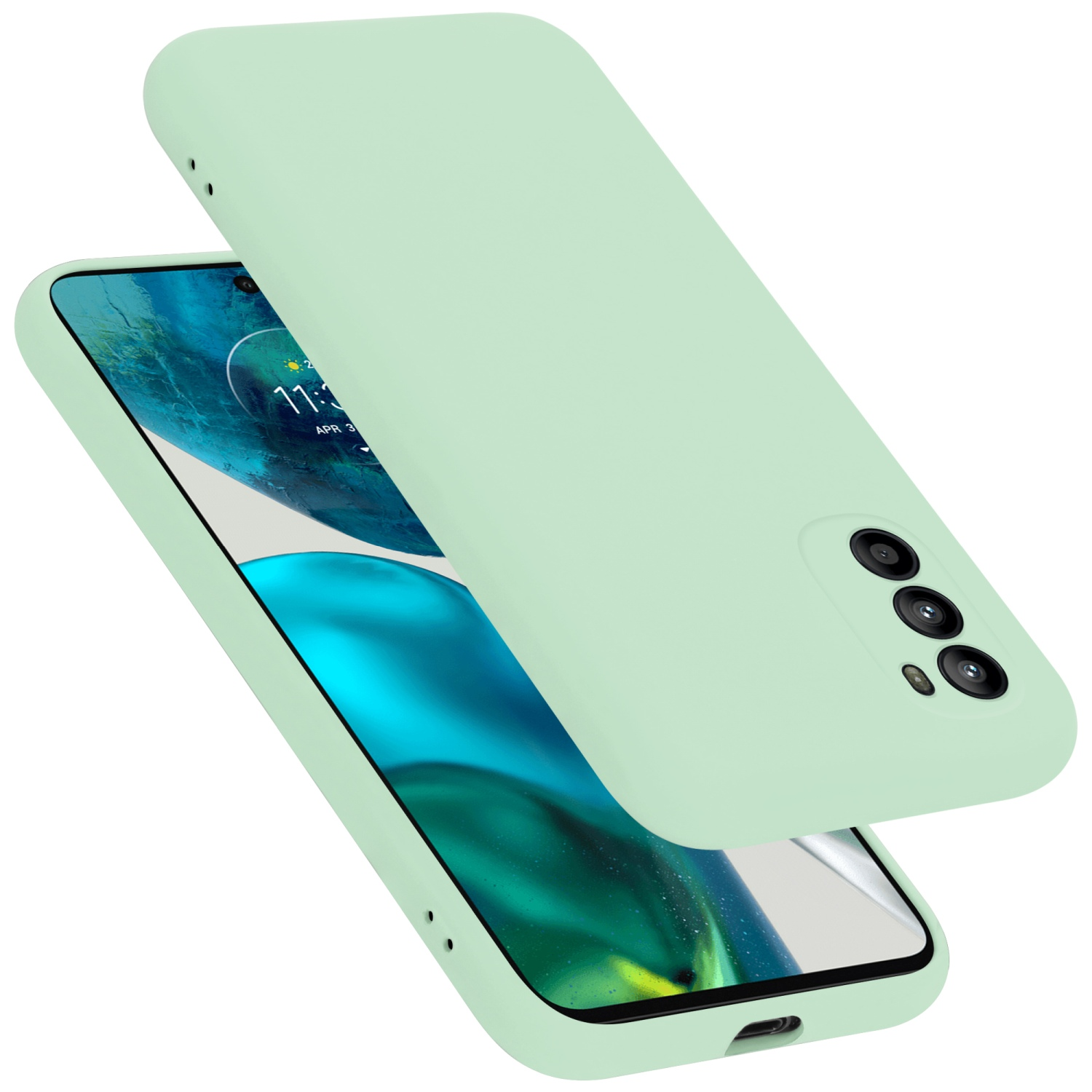 Eine mintgrüne Handyhülle auf einem Telefon. Das Telefon zeigt einen Bildschirm mit Datum.