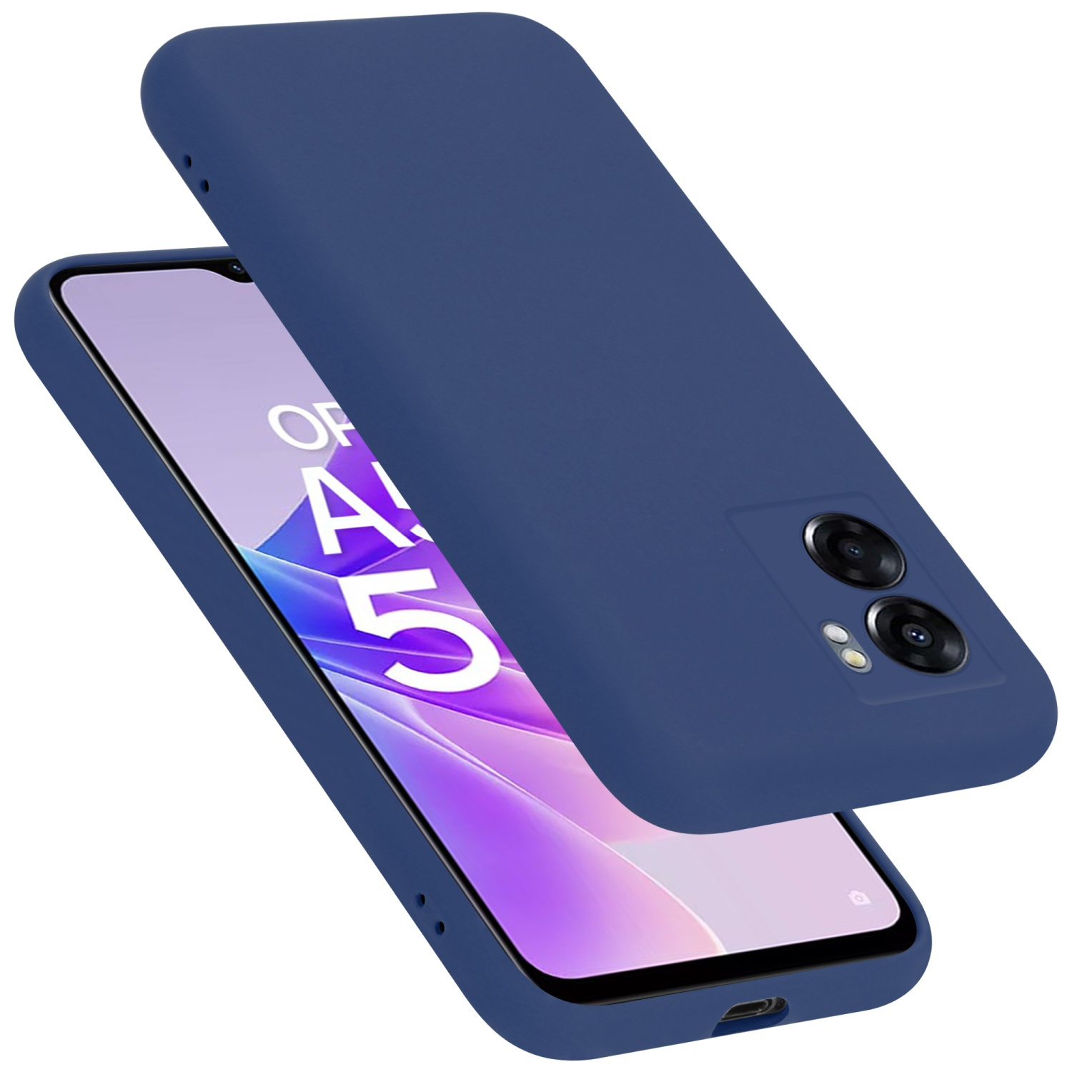 Dunkelblaue Handyhülle und Telefon. Das Telefon zeigt ein lila Bild. Hülle ist angewinkelt und offen.