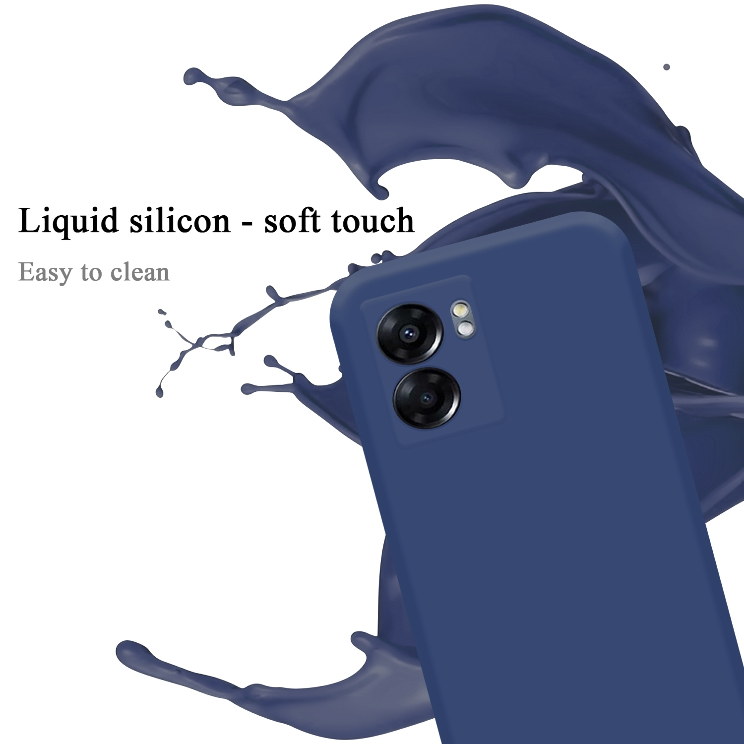 Marineblaue Handyhülle mit Telefon. Marineblauer Flüssigkeitsspritzer im Hintergrund.