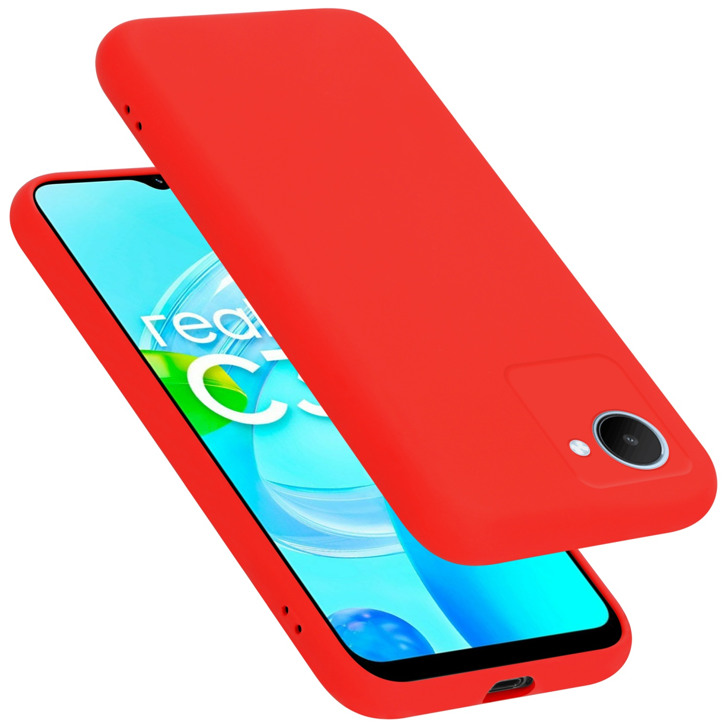 Rote Handyhülle über einem Telefon. Der Telefonbildschirm zeigt einen blauen Hintergrund. Weißer Hintergrund.