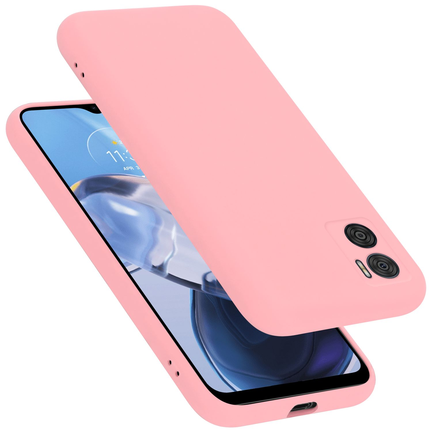 Rosa Handyhülle und Telefon. Das Telefon zeigt ein farbenfrohes Bild. Hülle ist angewinkelt und offen.